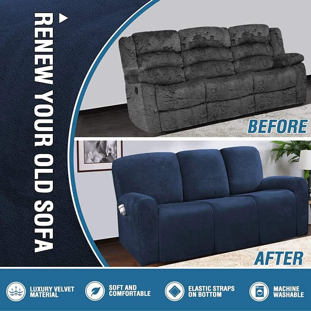 Soft Velvet Recliner Covers Stretch Recliner Chair Slipcover 3 seat Recliner Sofa Cover Non Slip Washable Reclining Couch Cover for Living Room (Color : Navy, Size : 3 Seater)