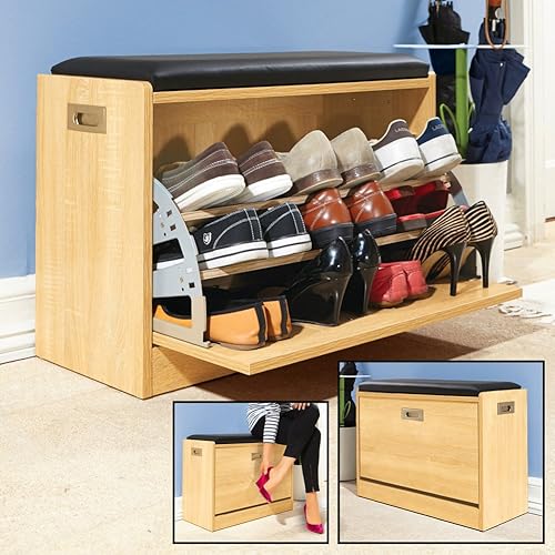 Miniatura 7 de Collections Etc Banco de almacenamiento de madera para zapatos con cojín de asiento, capacidad para hasta 12 pares, natural