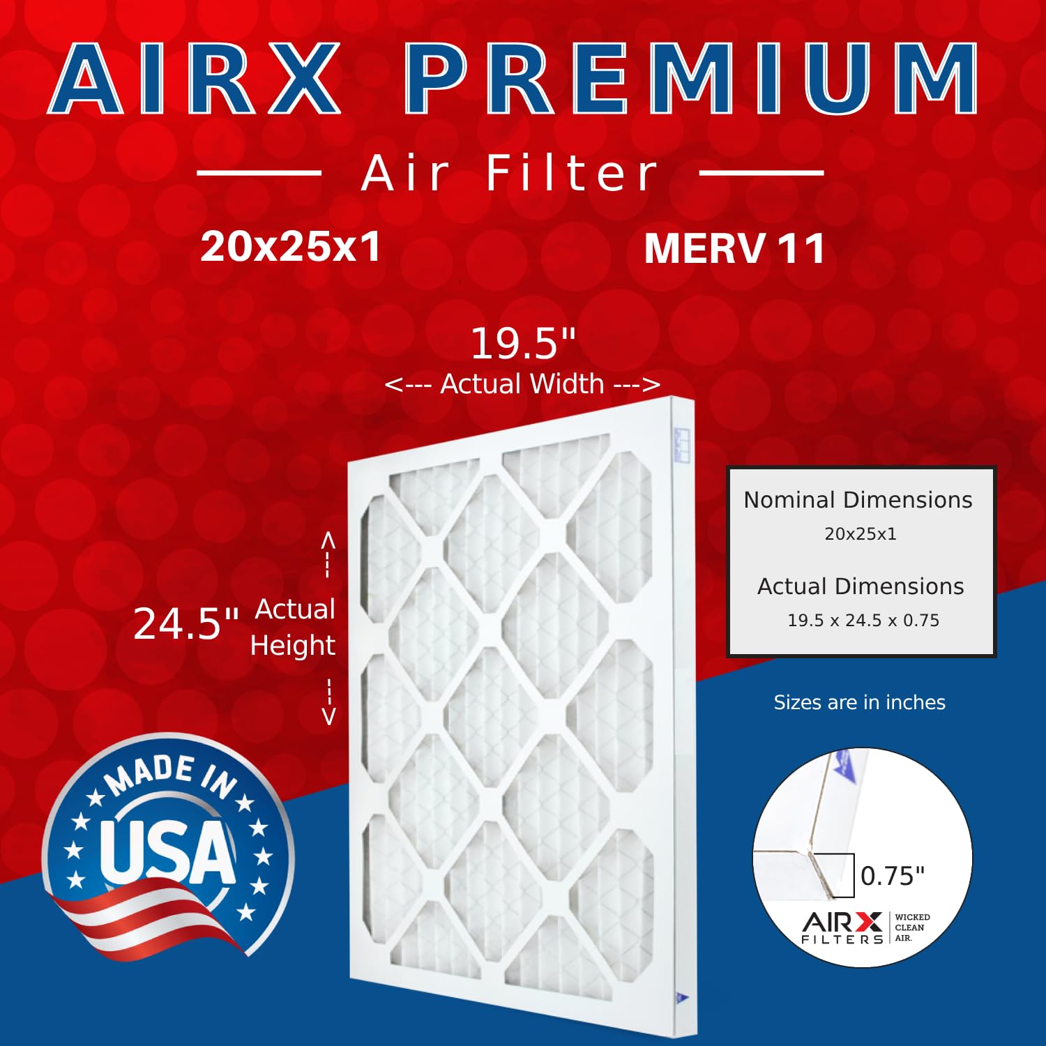 WICKED CLEAN AIR. 20x25x1 Air Filter Odor Carbon Filter MERV 8 HVAC Furnace Filters 6 Pack
