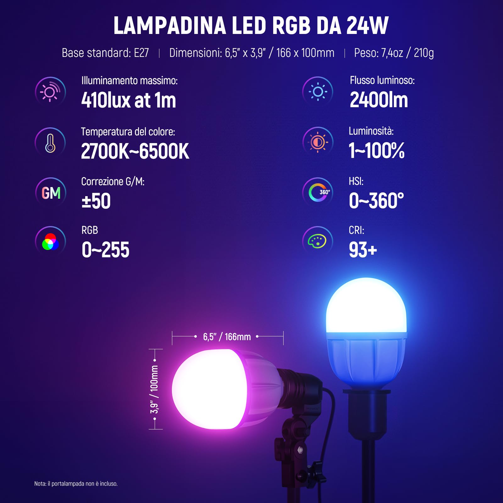 NEEWER Lampadina LED RGB per Fotografia, Confezione da 2, Controllo App, Lampadina LED 26W con 9 Effetti, 400lux/m 2700K-6500K CRI93+ TLCI98+, Base E26 per Kit di Illuminazione Softbox Studio, T100C
