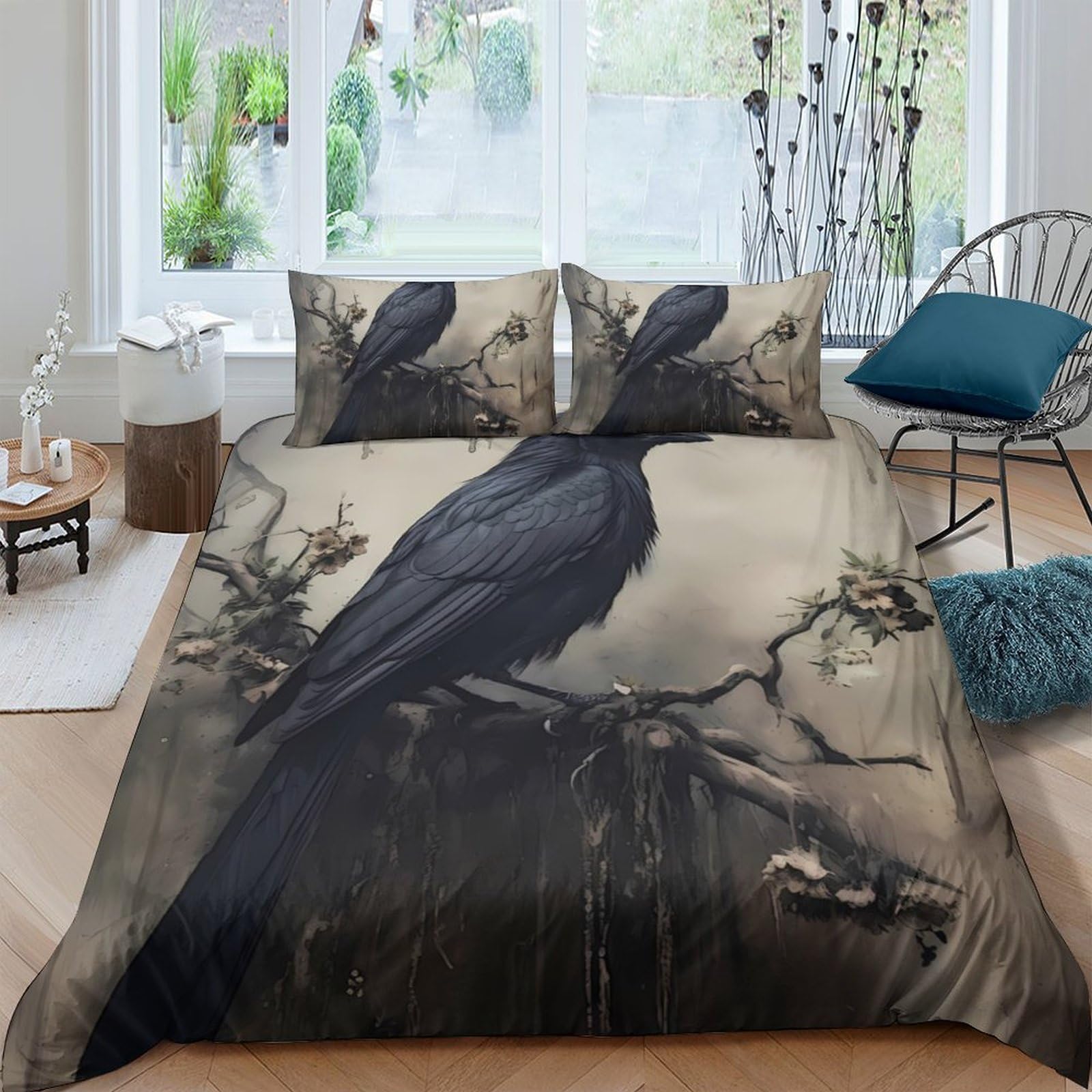 Ctjqhvkz Style-1 3D Printed Black Raven Fitted Sheet Microfiber Soft Non Slip Gothic Forest Mattress Cover Bedroom Decor Single（135X200cm）