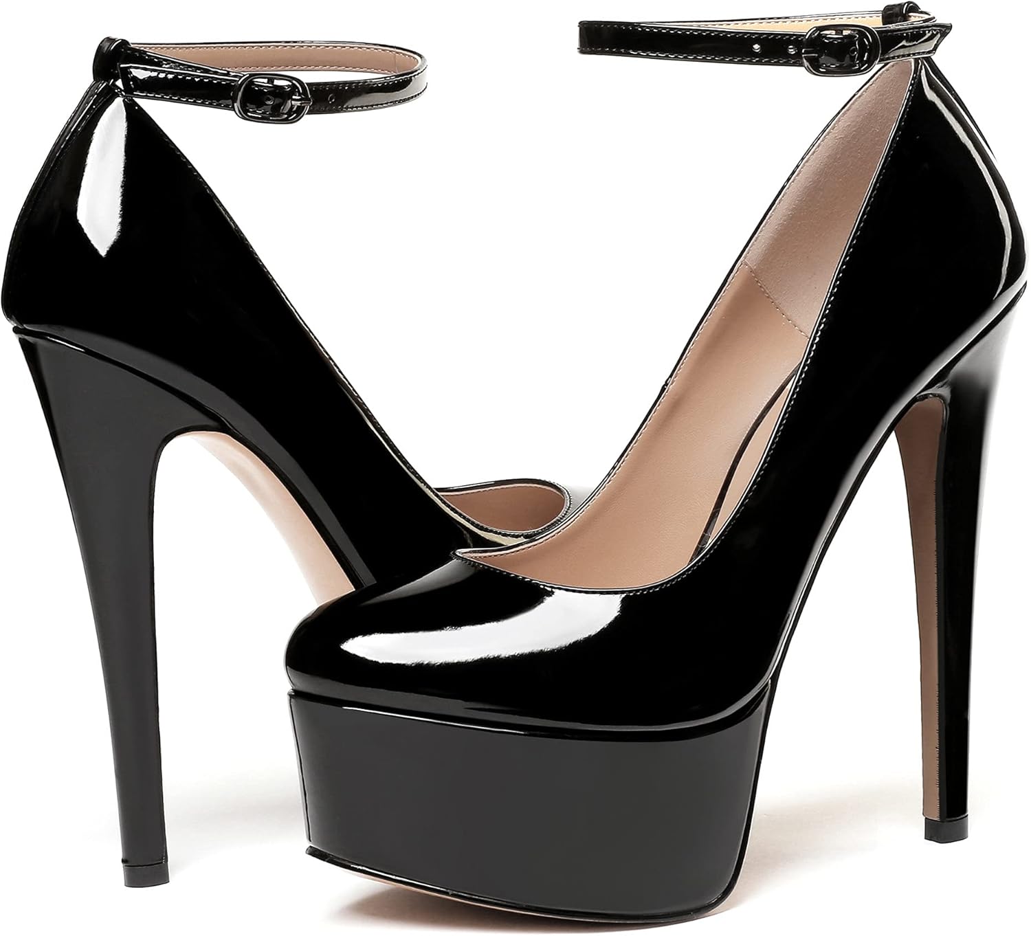 WAYDERNS Women's Round Toe Patent Platform Ankle Strap Stiletto Super High Heel Pumps Shoes 6 Inch