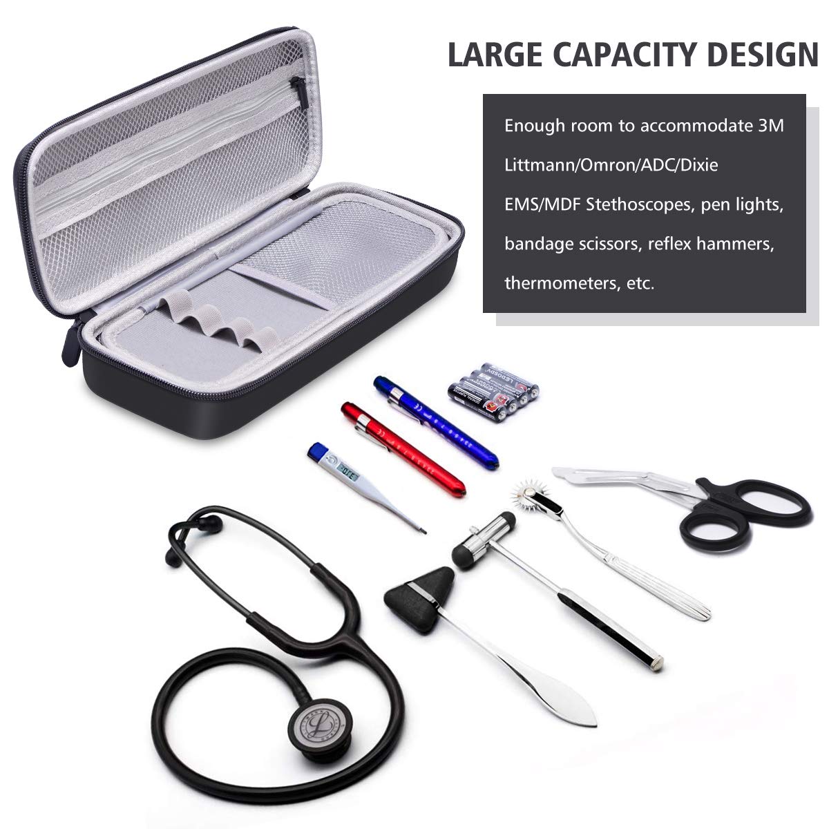 Karei Carrying Stethoscope Case for 3M Littmann/Omron/ADC/Dixie EMS/MDF Stethoscope, Hard Stethoscope Holder for Nurse Accessories Pen Lights,Bandage Scissors and Reflex Hammer