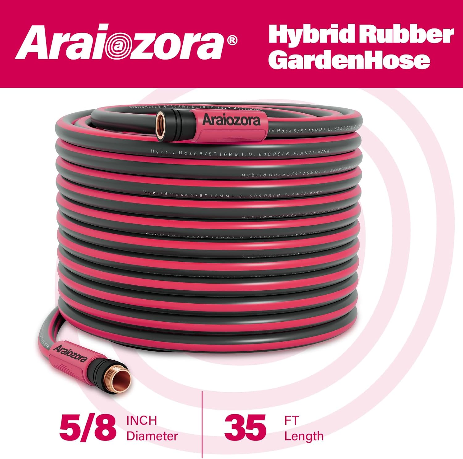 Heavy Duty Flexible Rubber Garden Hose 35 Ft 5/8 Inch - Kink Resistant, All-Weather Lightweight Water Hose with 600 PSI Burst Pressure for Yard, Lawn & Car Wash
