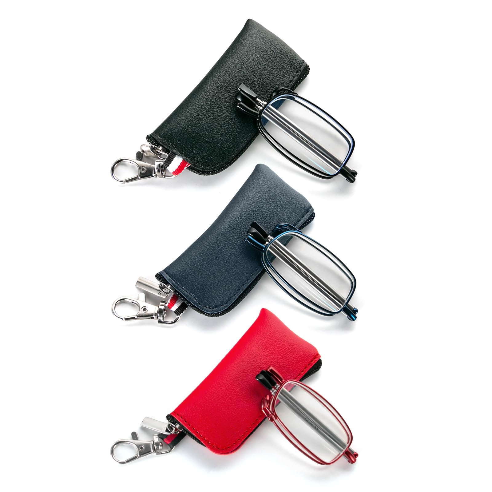 MMOWW 3er-pack Faltbare Lesebrille für Damen und Herren mit Teleskopstange mit Reißverschluss Schlüsselanhänger Mini Blaulichtfilter Brillen +3.0
