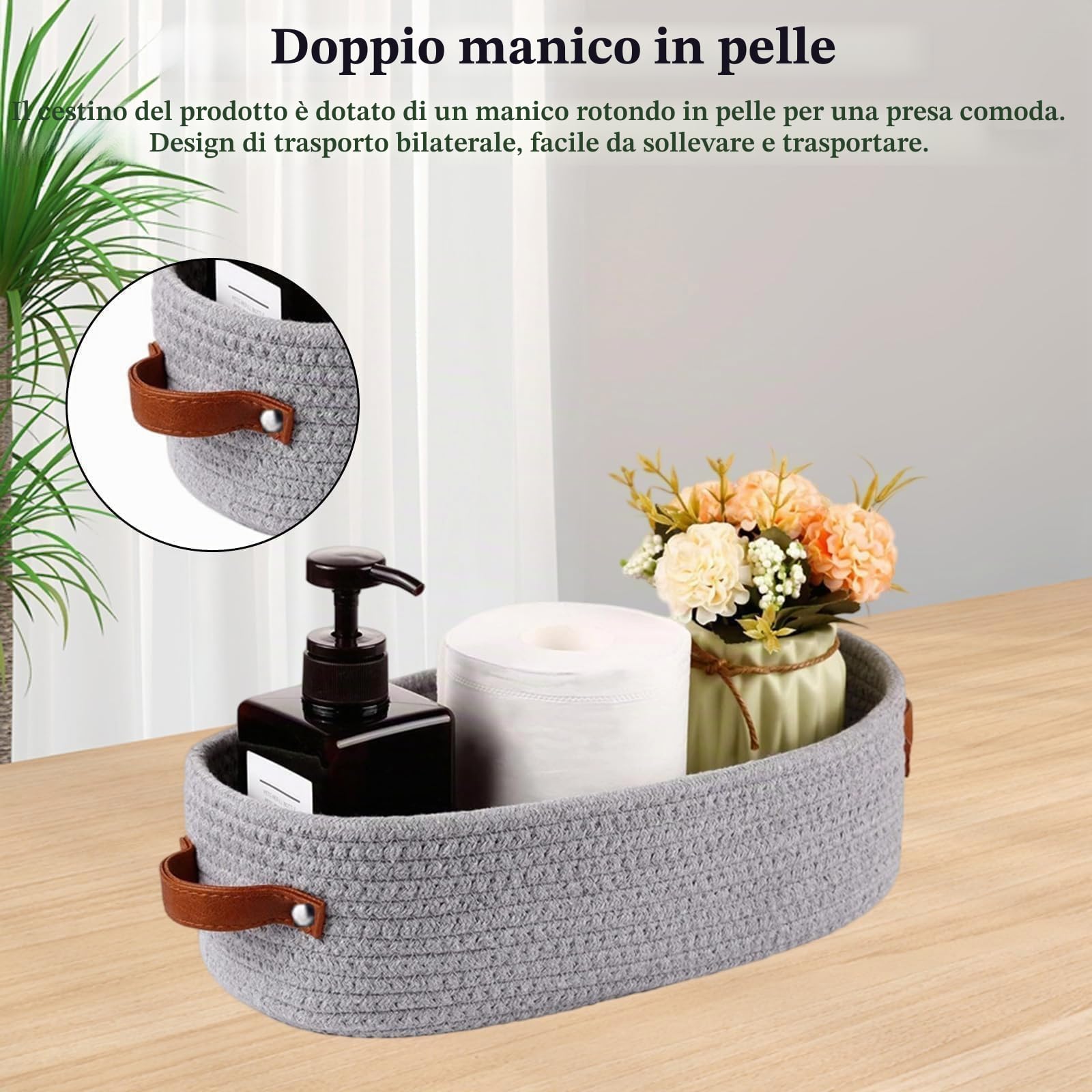TIANLIN Set di 2 Cestini Portaoggetti Intrecciati in Cotone, 1 Grigio & 1 Kaki 33×15×10 cm, Cestino Portaoggetti con Manici in Pelle per Bagno, Camera, Cucina e Organizer Fasciatoio per Neonati