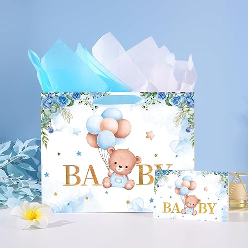 Miniatura 8 de Bolsas de regalo grandes para bebé de 13 pulgadas con papel de seda y tarjeta de felicitación (oso de balón y floral), bolsas de regalo de tamaño