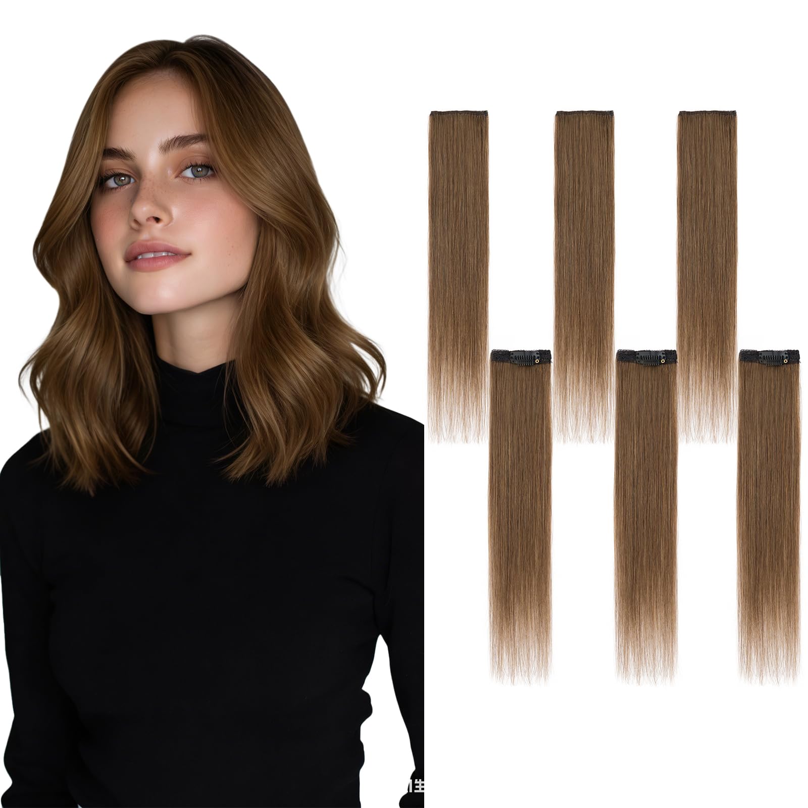 Photo 1 of TESSHAIR 6PCS Clip in Hair Extensions Real Human Hair Short Clip in Extensions for Women Short Straight Hairpieces to Add Volume and Highlights 10 Inch Medium Brown