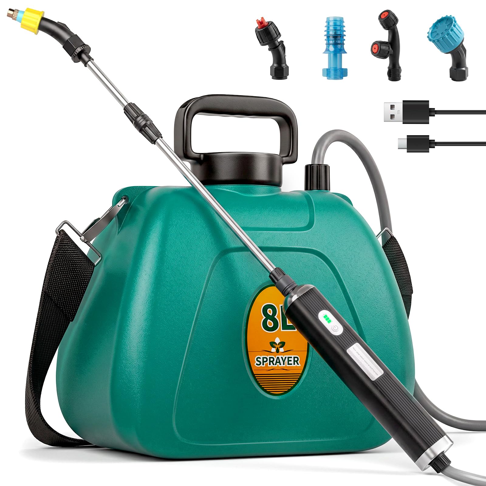 Photo 1 of Battery Powered Garden Sprayer 2 Gallon, 7.4V High Pressure Rechargeable Weed Sprayer with 3 Pressure Mode, 5 Spray Nozzles, Telescopic Wand, Battery Indicator, Adjustable Strap for Lawn Garden, Green