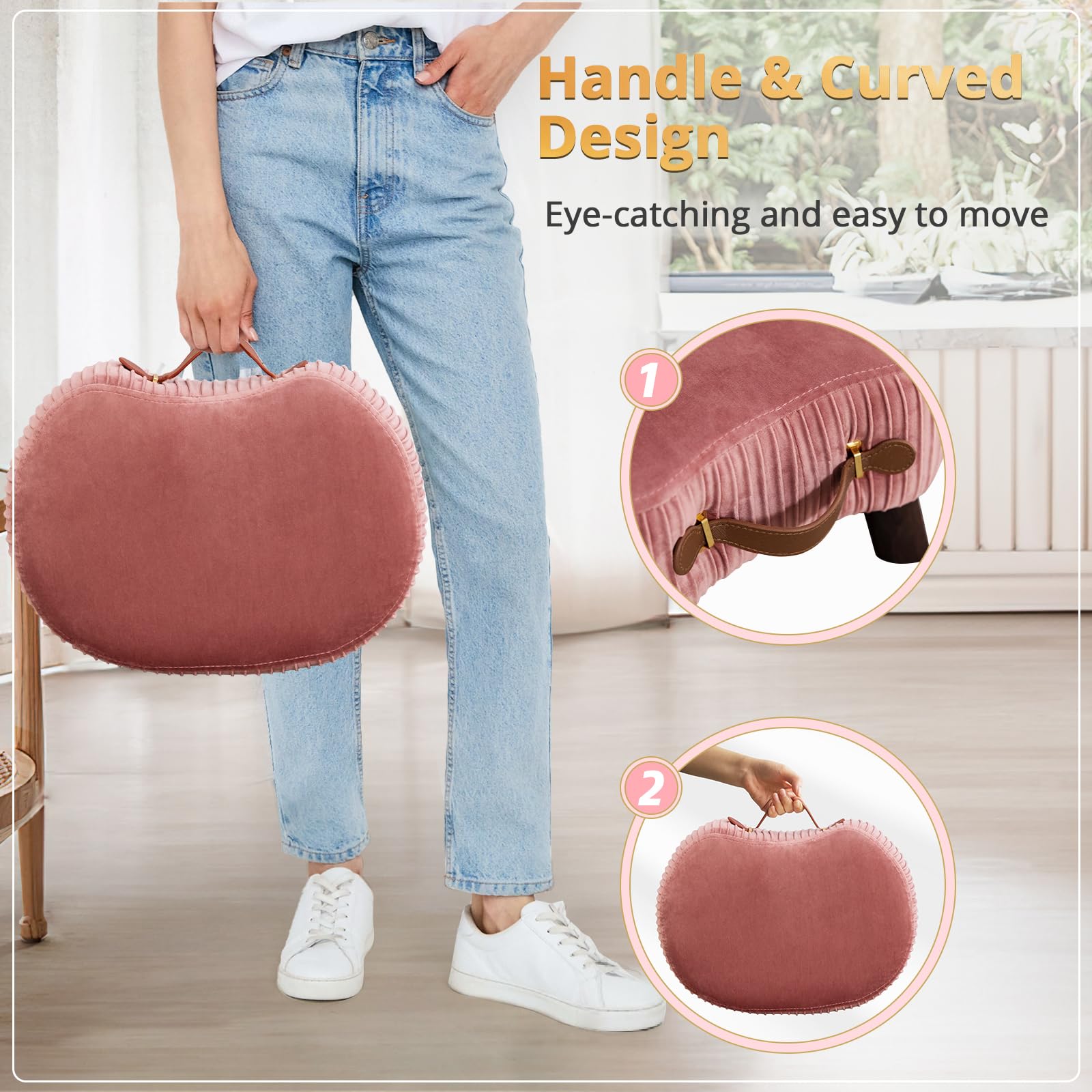 LUE BONA Small Curved Foot Stool with Handle, Pink Velvet Footstool and Ottomans, Modern Foot Rest with Wooden Legs, Step Stool with Padded Seat for Couch, Living Room…