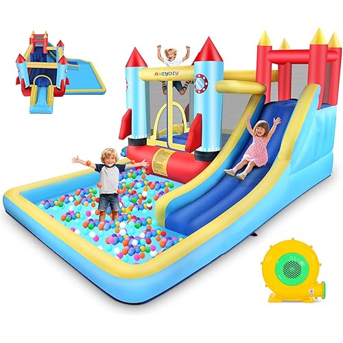 AKEYDIY Bounce House Rocket Theme,Updated Inflatable Bounce Castle with Blower for Kids, Blow Up Jumping Bouncer with Slide, Climbing Wall,Trampoline, Ball Pit Pool for Indoor Outdoor Kids Gift