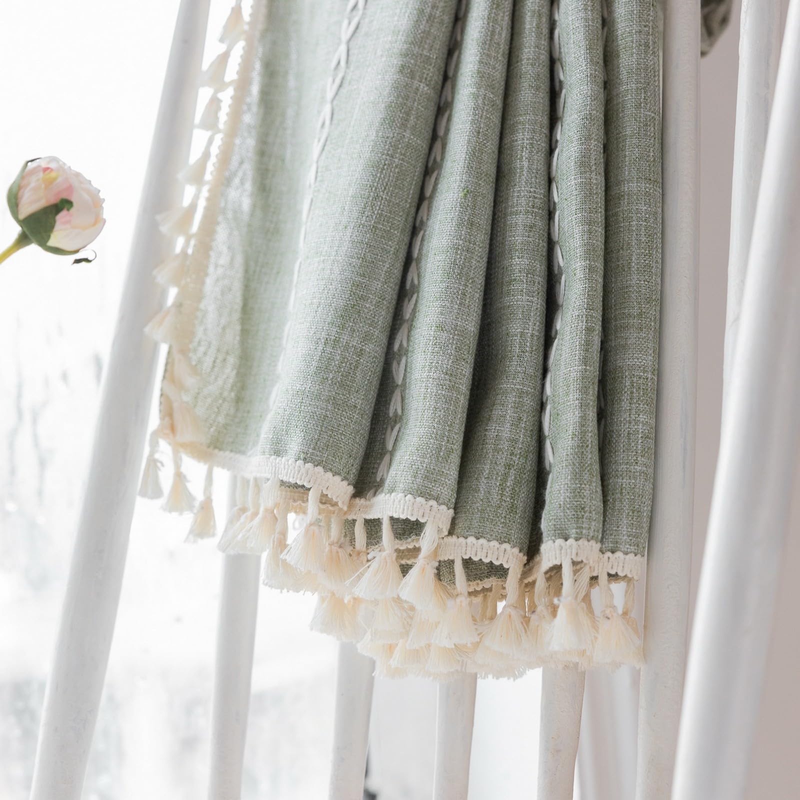 A.Monamour Tenda Interni Traslucido Semi Oscurante Boho Decorativo con Nappe a Righe Effetto Lino Tessuto Spesso Tende a Pannello Porta Finestra per Camera da Letto Soggiorno Cucina, 1 Pezzo, verde