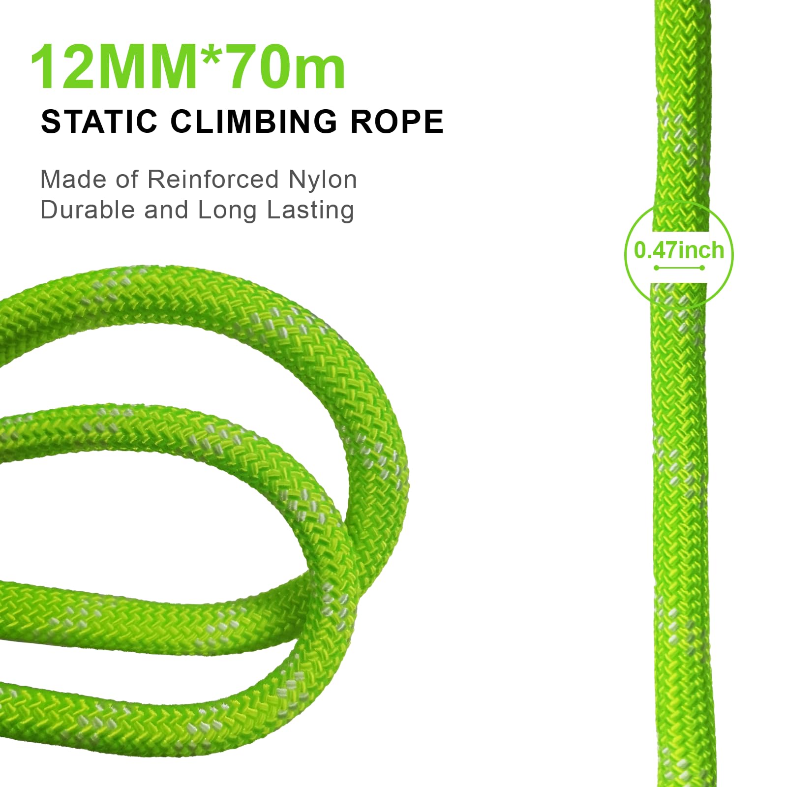 70m Statyczna Lina Wspinaczkowa 12mm Z 2 Karabinkami, UIAA | Wysokiej Wytrzymałości Nylon，Odporna na Ścieranie，Fluorescencyjna zielona，Idealna do wspinaczki, ratownictwa i campingu