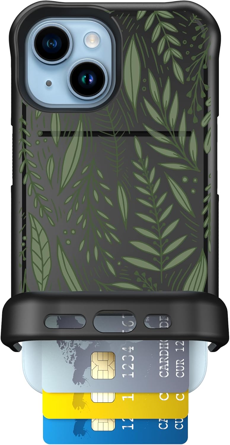 Scooch for iPhone 15 Case with Card Holder, Wingmate Wallet Case with Hidden Card Slot and RFID Protection, Holds 3 to 4 Cards, 10-Foot Drop Protection, Willow Garden