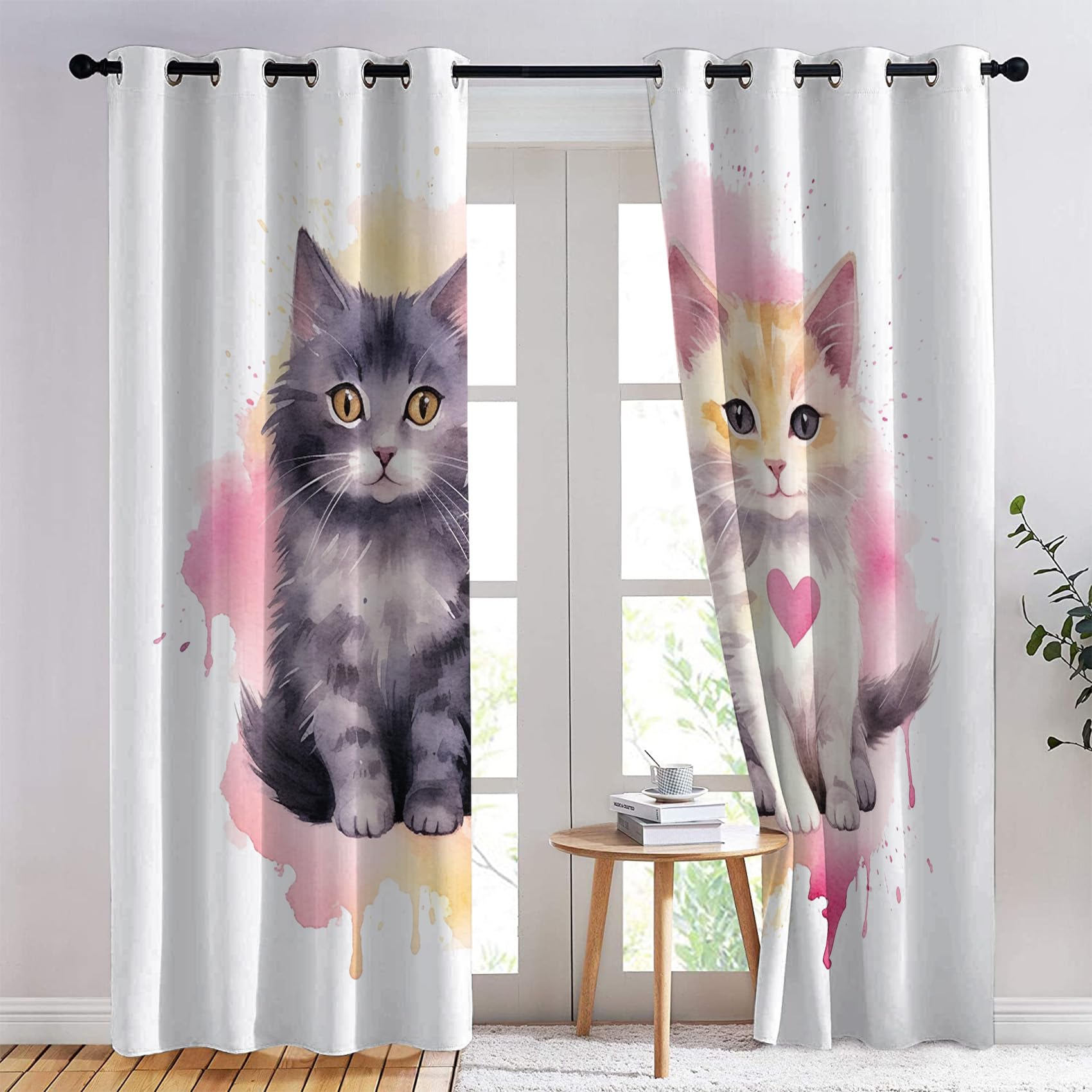 Rideau Occultant Chat Mignon, Chaton Motif Rideaux Thermiques à Oeillets, Rideaux Imprimé pour Salon Chambre Fenetre Moderne Décoration, 75x166 cm (L x H), Lot de 2