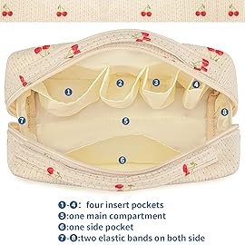 Bluboon Makeup Bag Zipper Pouch Travel Portable Cosmetic Bag Organizer for Women and Girls(Cherry Corduroy beige)