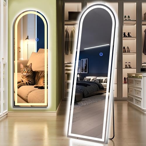 Arch Full Length Standing Mirror with LED Lights, 56"x20" Lighted Mirror with Dimming & 3 Color Lighting, Tall Mirror Full Body for Bedroom, Dressing Room