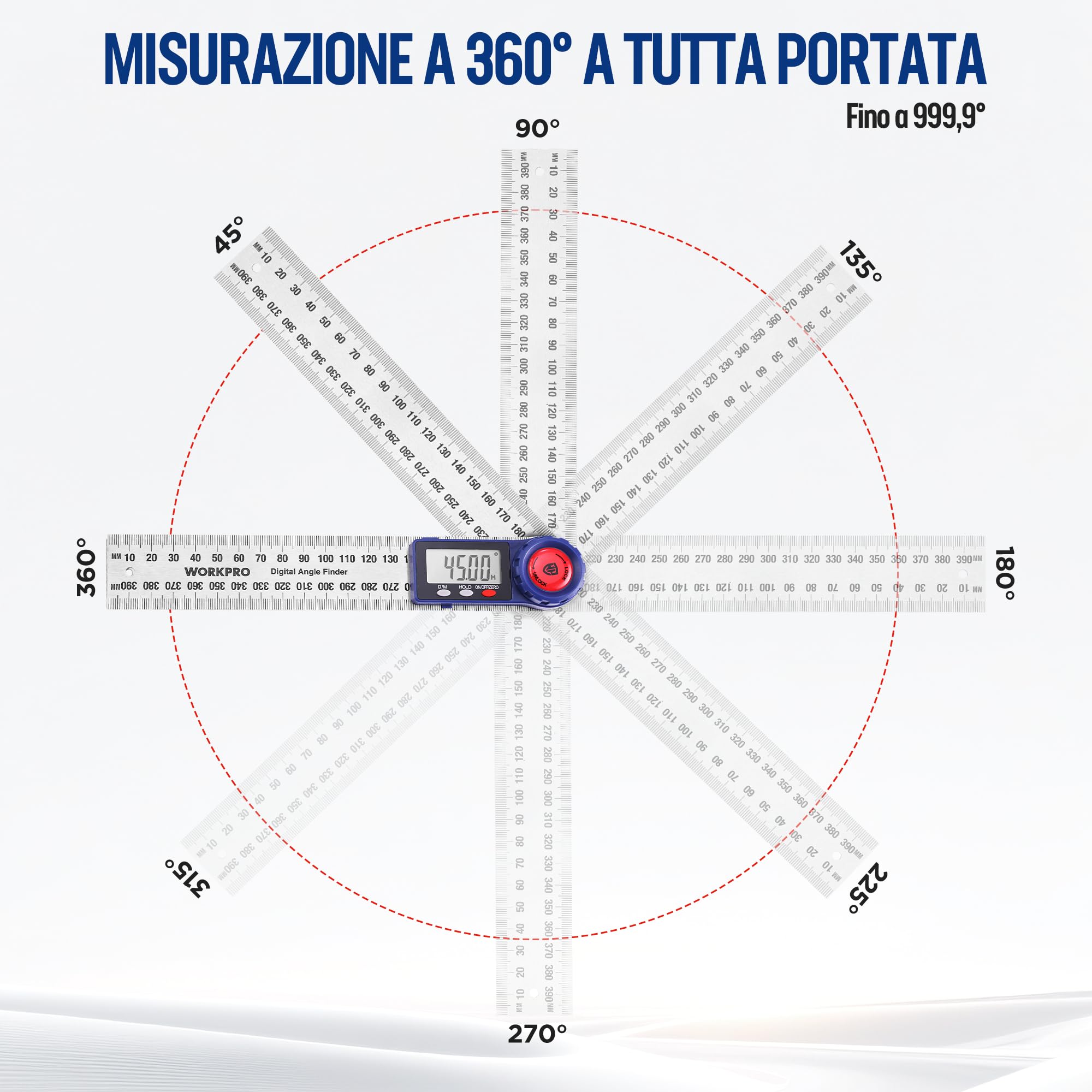 WORKPRO Goniometro Digitale 200 mm 2-in-1 con Righello in Acciaio Inossidabile, Misura Angolo 360° con Schermo LCD, Strumento di Precisione per Falegnameria, Taglio e Fai-da-te