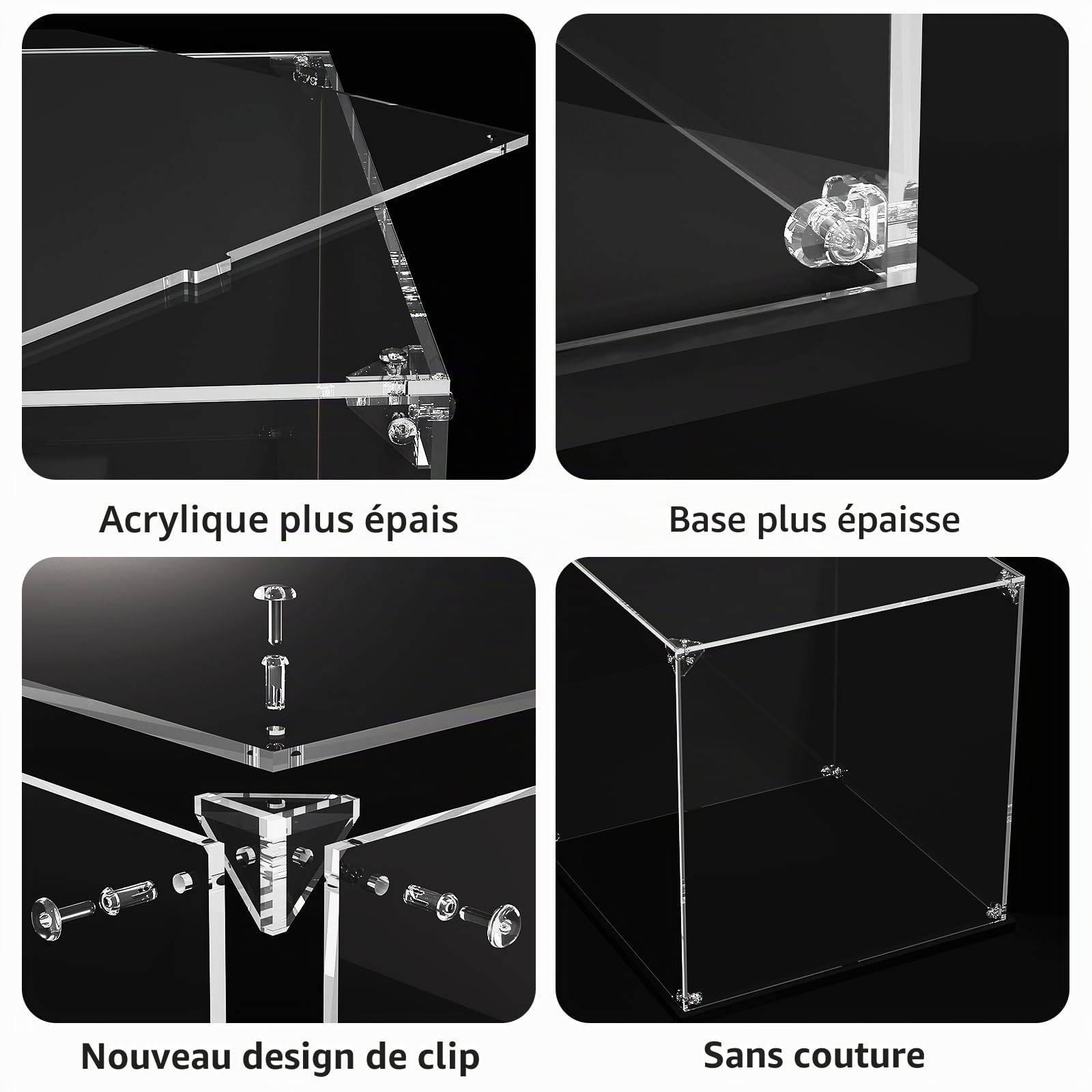 Vitrine en acrylique avec base noire, plan de travail à assembler, boîte transparente, organisateur anti-poussière pour figurines d'action et objets de collection 35x25x15 cm