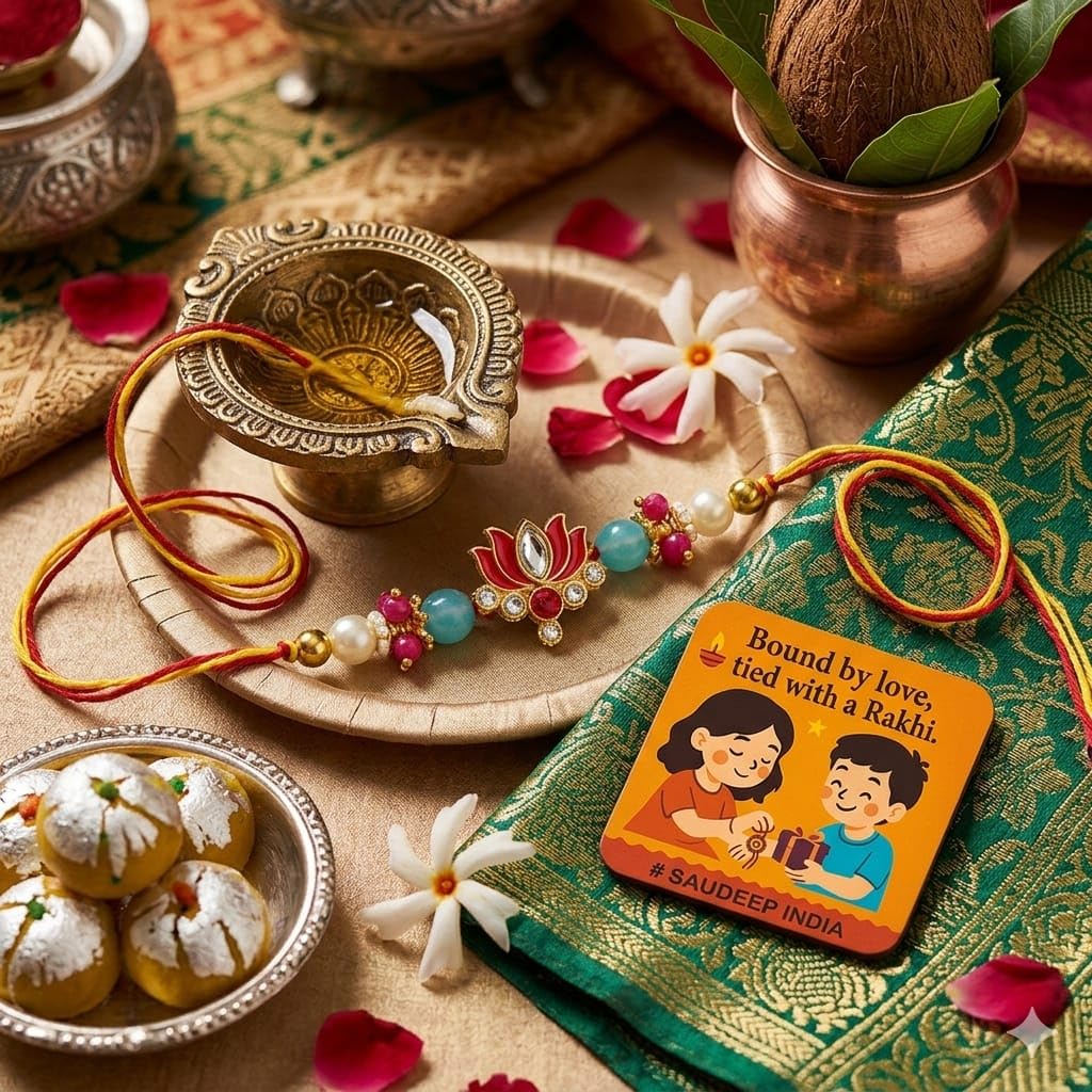 SAUDEEP India Decorative Fridge Magnet for Refrigerator Decor | Lotus Rakhi for Brother | Raksha Bandhan Gift Combo Set | Cotton Thread Rakhi for Bhai Bhaiya | Festive Home Decor(Design Top 2)