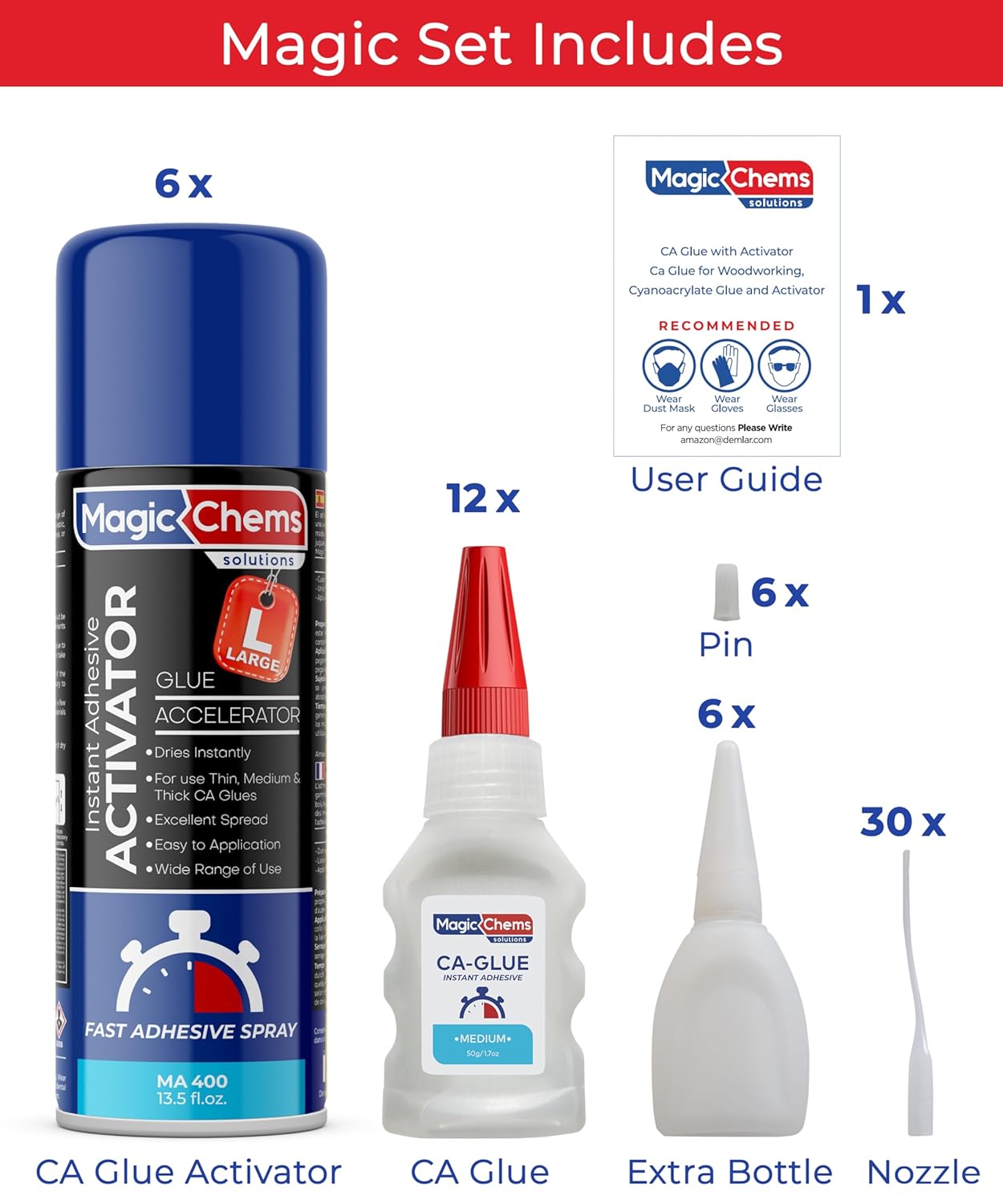 CA Glue with Activator (12 x 1.7 oz + 6 x 13.5 fl oz Activator), Cyanoacrylate Adhesive for 3D Printing & Acrylic, Strong Bond Super Glue Accelerator Set (6 Pack)