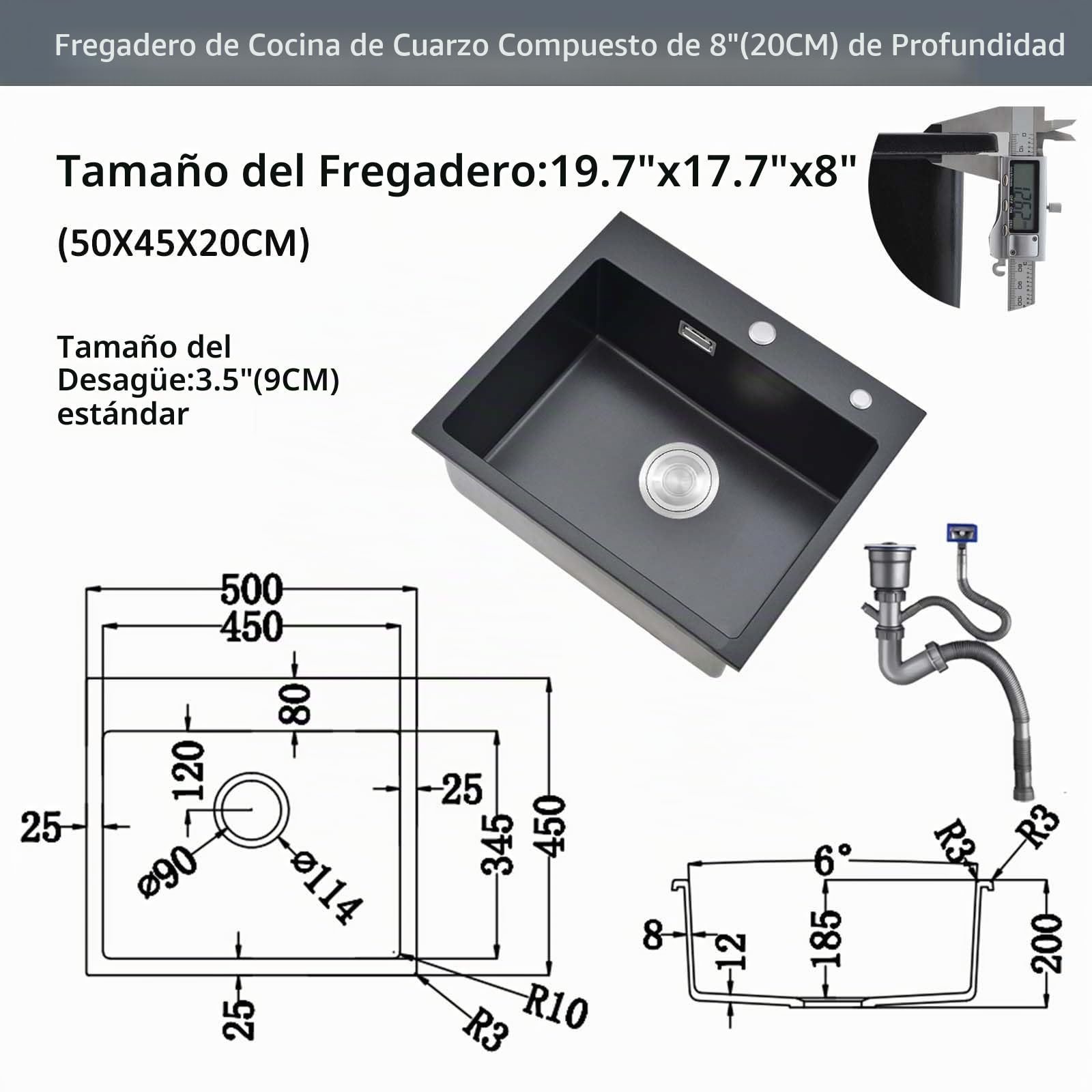 Fregadero de granito negro 50x45cm, fregadero negro, fregadero de cocina rectangular, moderna instalación empotrada de granito, lavabo de cocina, fregadero de cocina pequeño, lavabo individual con 2