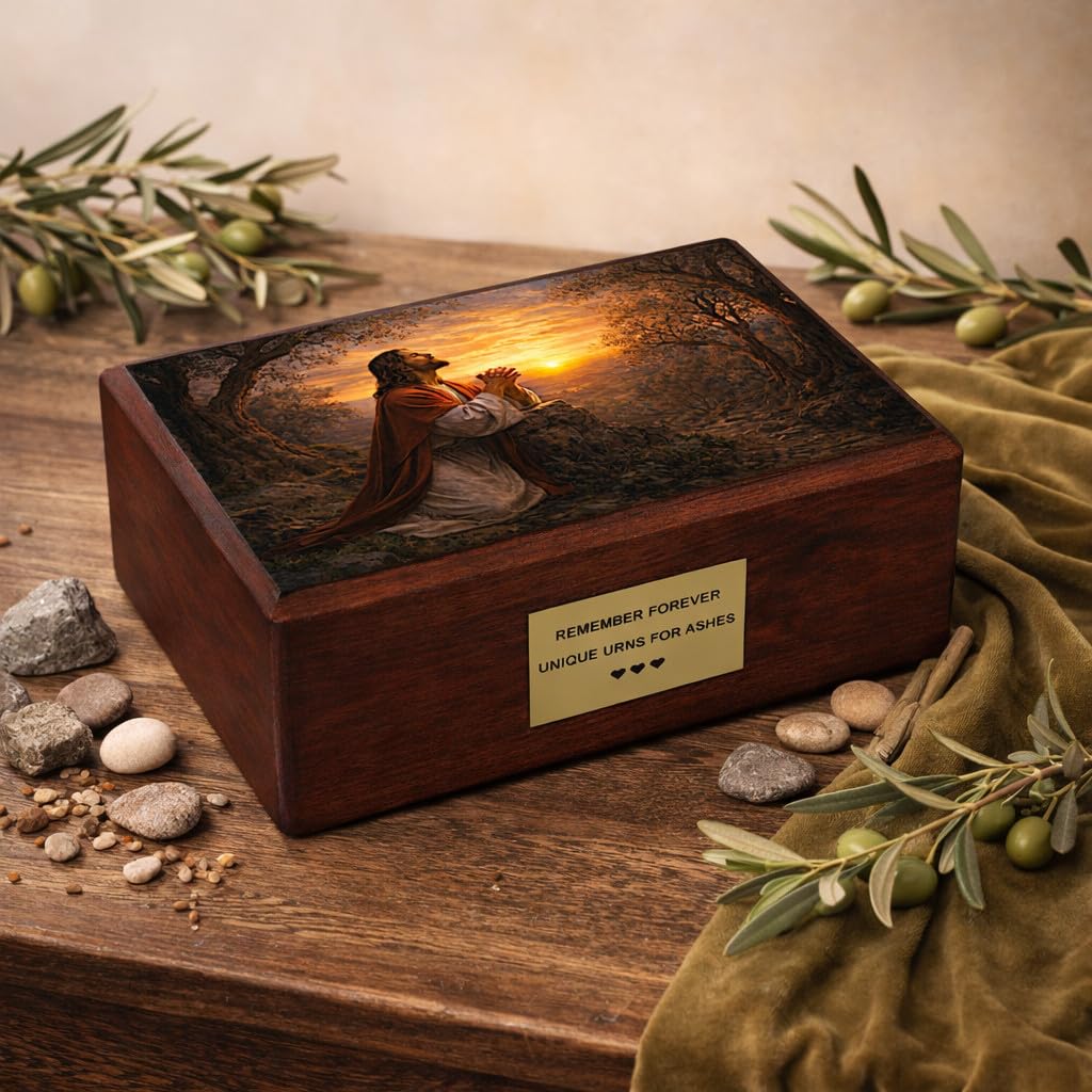 Catholic Cremation Urn with Jesus Praying in Gethsemane, Wooden Adult Urn