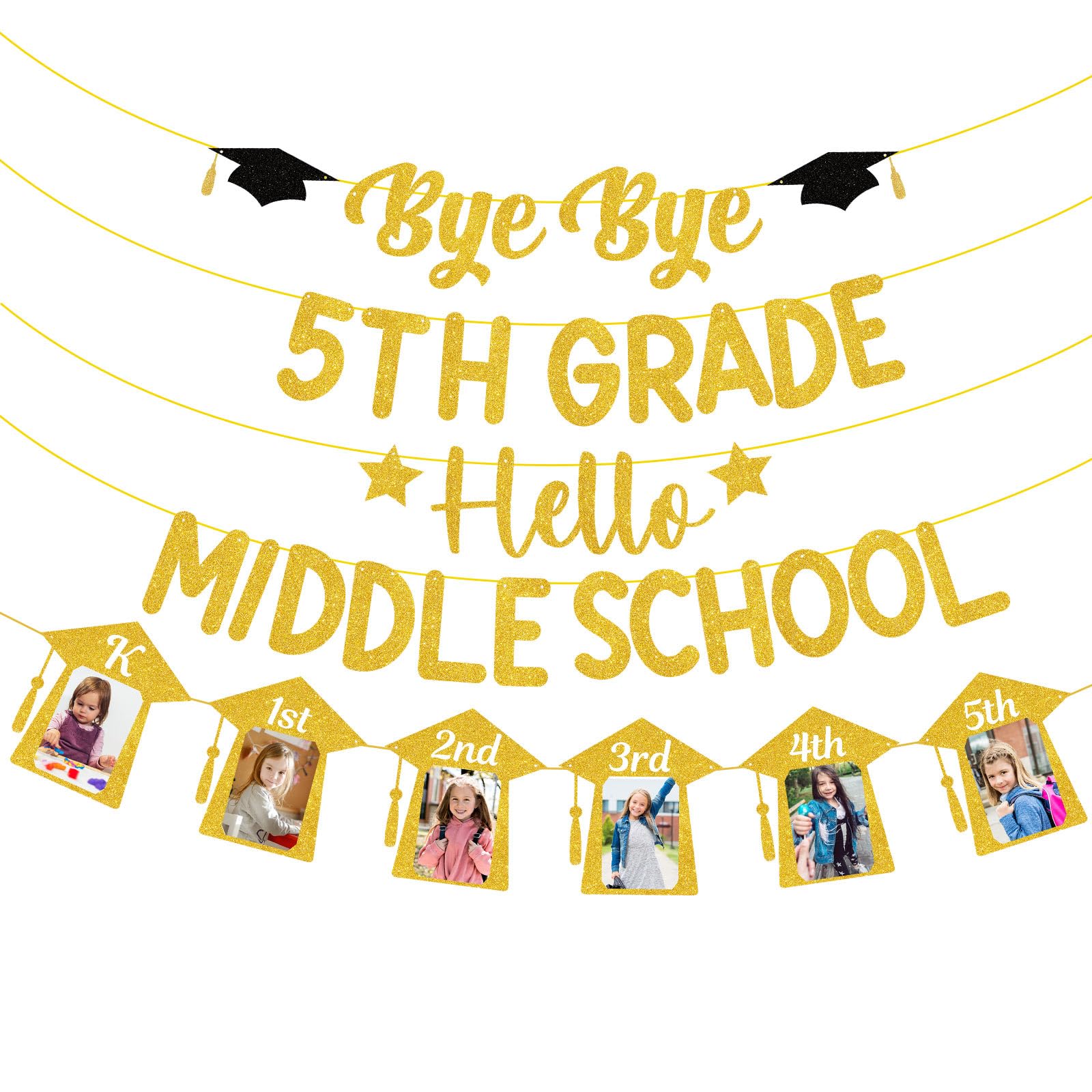 Photo 1 of Oudain 5th Grade Graduation Decoration Banner Class of 2026 Party Supplies, Bye Bye 5th Grade Hello Middle School Photo Frames Banner, Glittery Graduation Party Supplies(Gold Glitter)