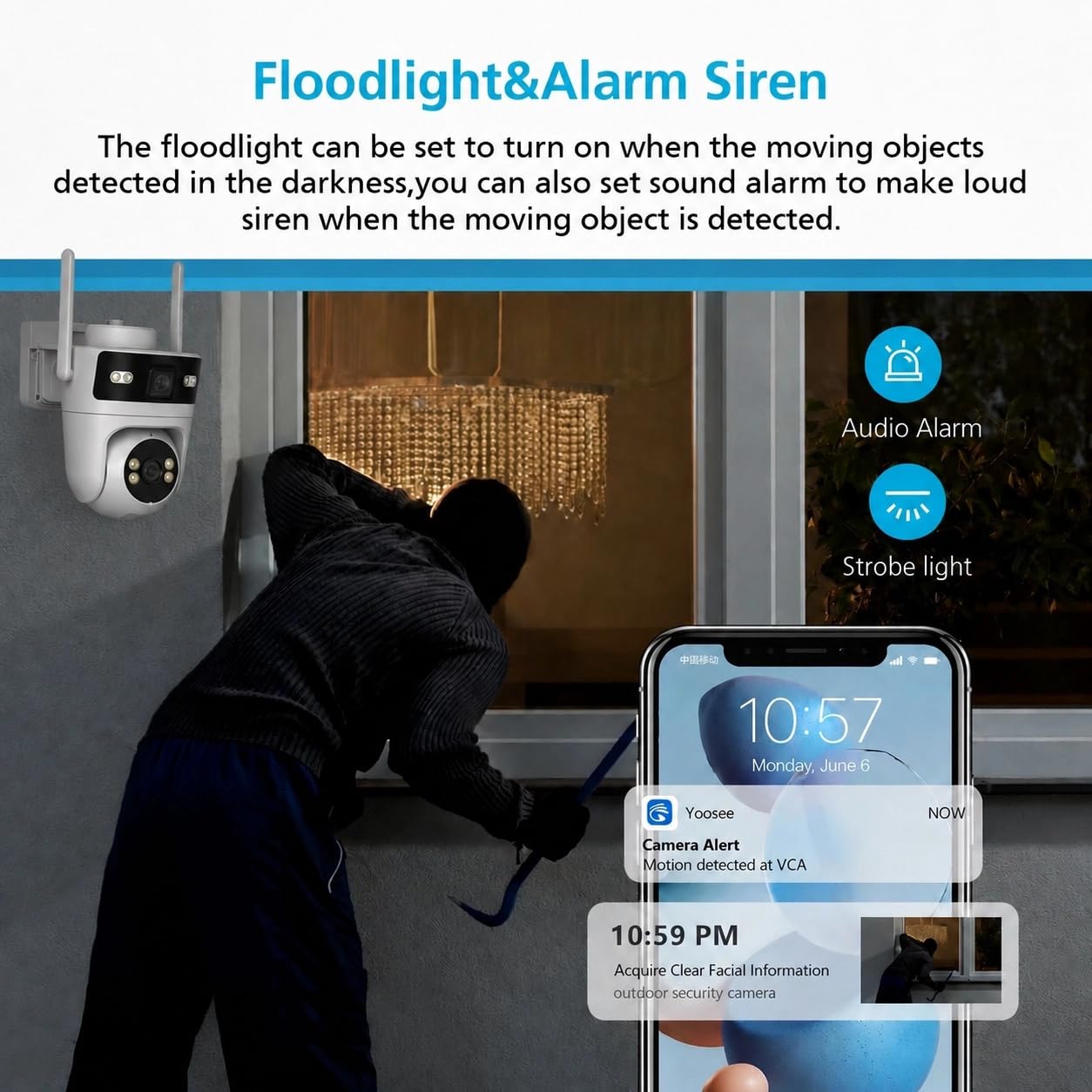 Kamera zewnętrzna WLAN do monitoringu 6 MP Dual Lens, 3 MP + 3 MP PTZ z obrotem o 355°, rozpoznawanie i śledzenie osób, kolorowa widoczność w nocy, dwukierunkowe audio, wodoszczelność IP66