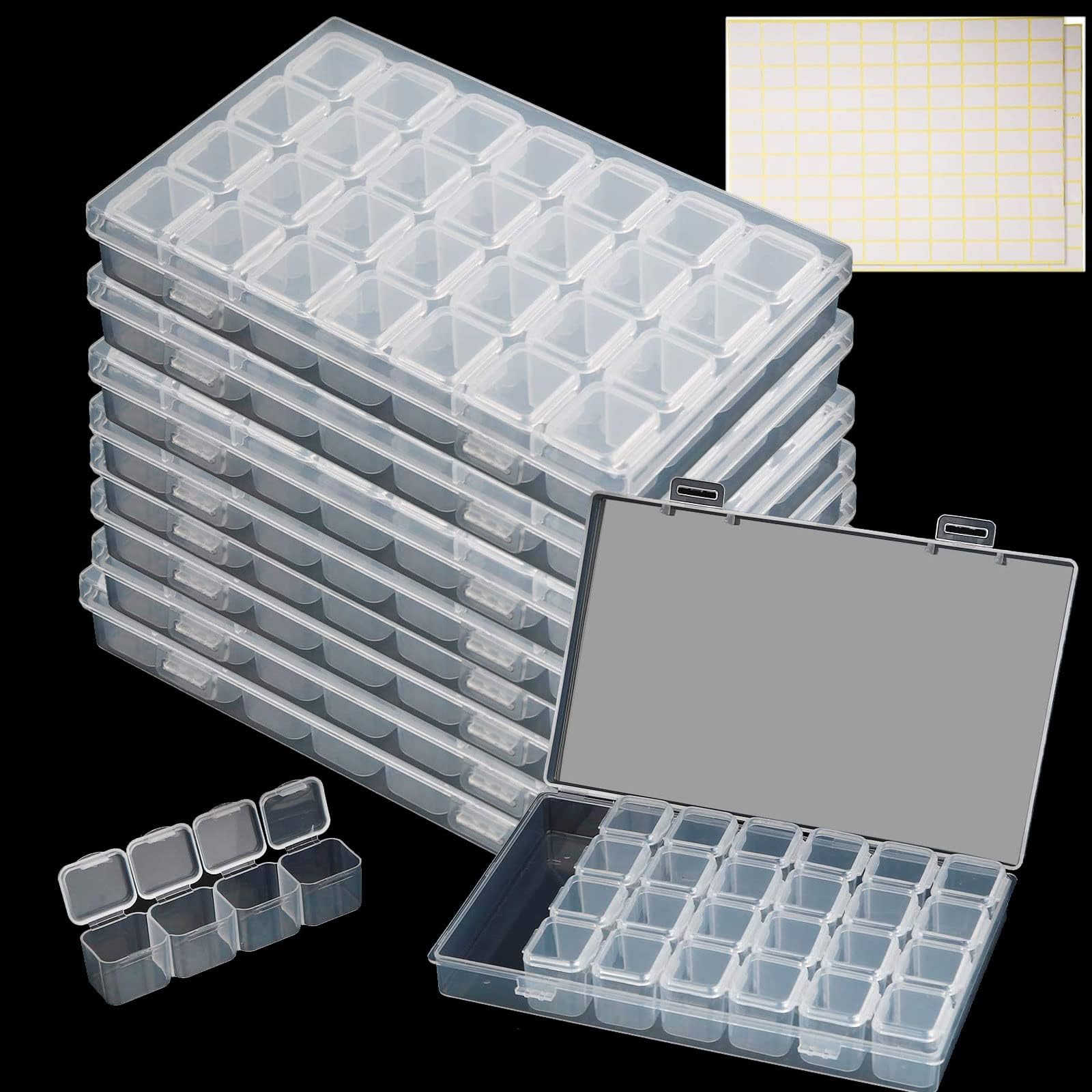 8 Pack 28 Grids Diamond Paint Storage Boxes, 224 Slots Plastic Bead Organizer Containers with Labels, Movable Dividers Diamond Craft Painting Art Case for Cross Stitch Accessories Supplies