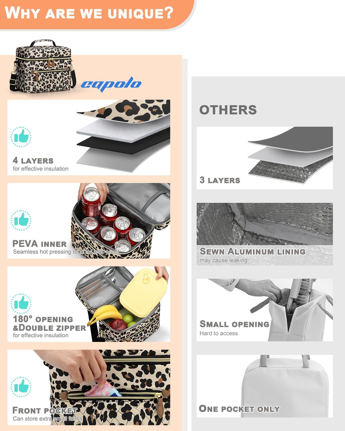 Capolo Lunch Box for Women Men Adults,Insulated Lunch Bag Leakproof Lunch Cooler Box with Removable Strap Cute Lunch Tote Bags Reusable Thermal Lunchbox for School Work Picnic(Small,Leopard) - Image 3