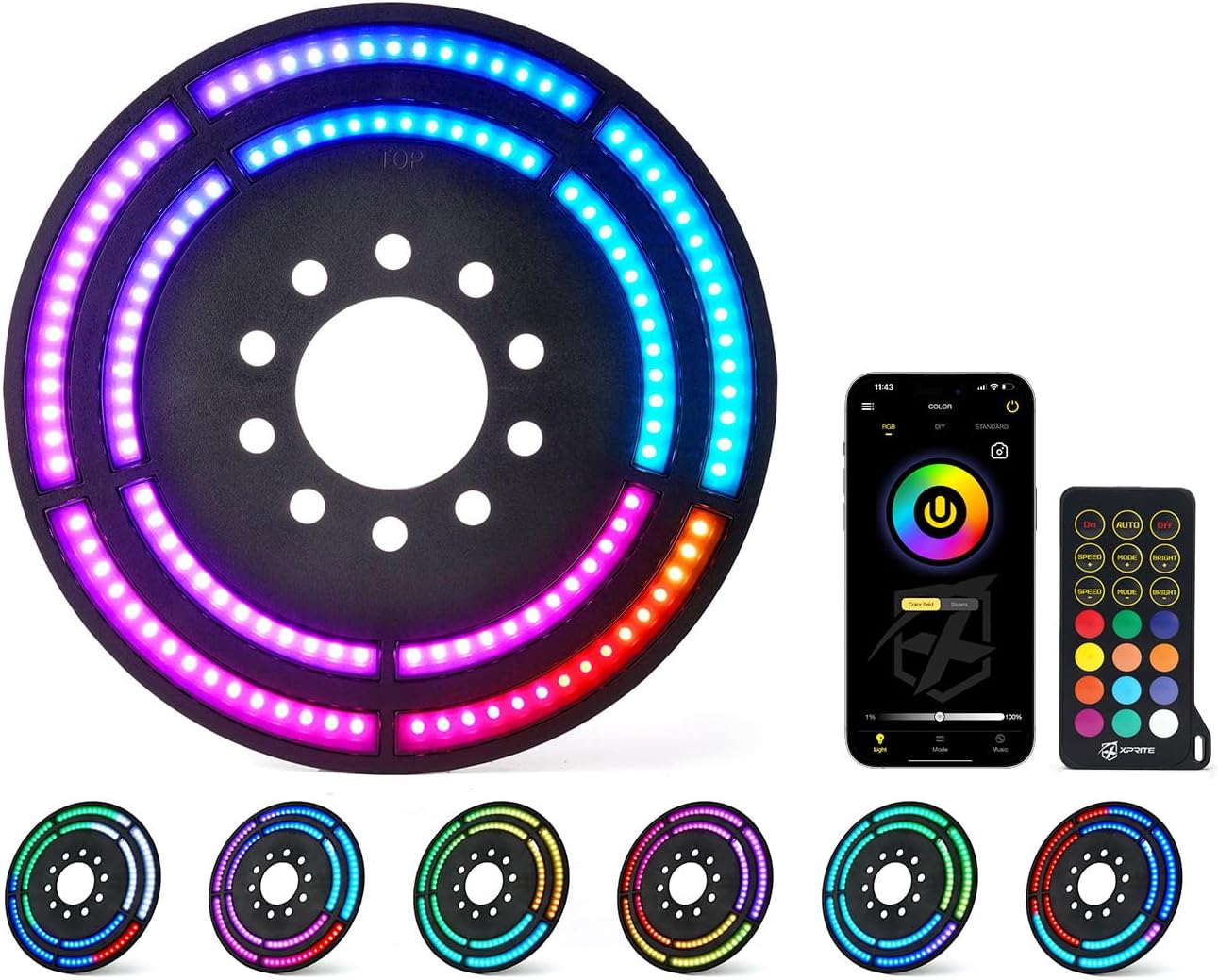 Xprite RGB Spare Tire Brake Light with Dual Control (RF & Bluetooth), Color-Changing 3rd LED Rear Wheel Lights, Dual Ring Third Tail Lamp Compatible with 2018-2025 Jeep Wrangler JL/JLU RGB For JL