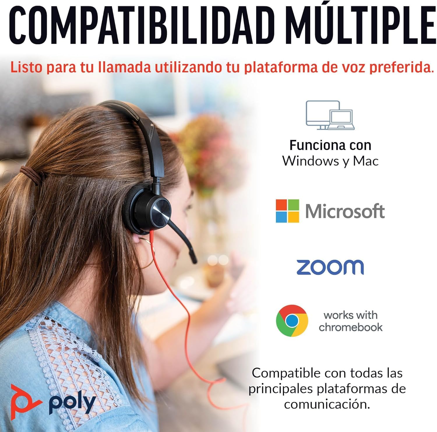 Auricular Poly Blackwire 3310 con cable - Brazo de micrófono flexible - Diseño monoaural - Conexión a PC/Mac mediante USB-C o USB-A - Funciona con Teams y Zoom