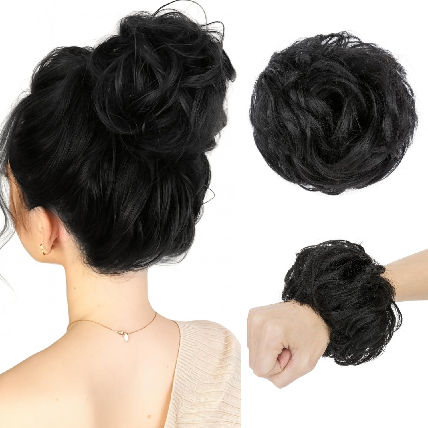 tesshair Messy Bun Hair Piece 100% Thick Tousled Human Scrunchies Natural Curly Wavy Bun Hair Piece with Elastic Band Black Hairpieces for Women Girls(Black