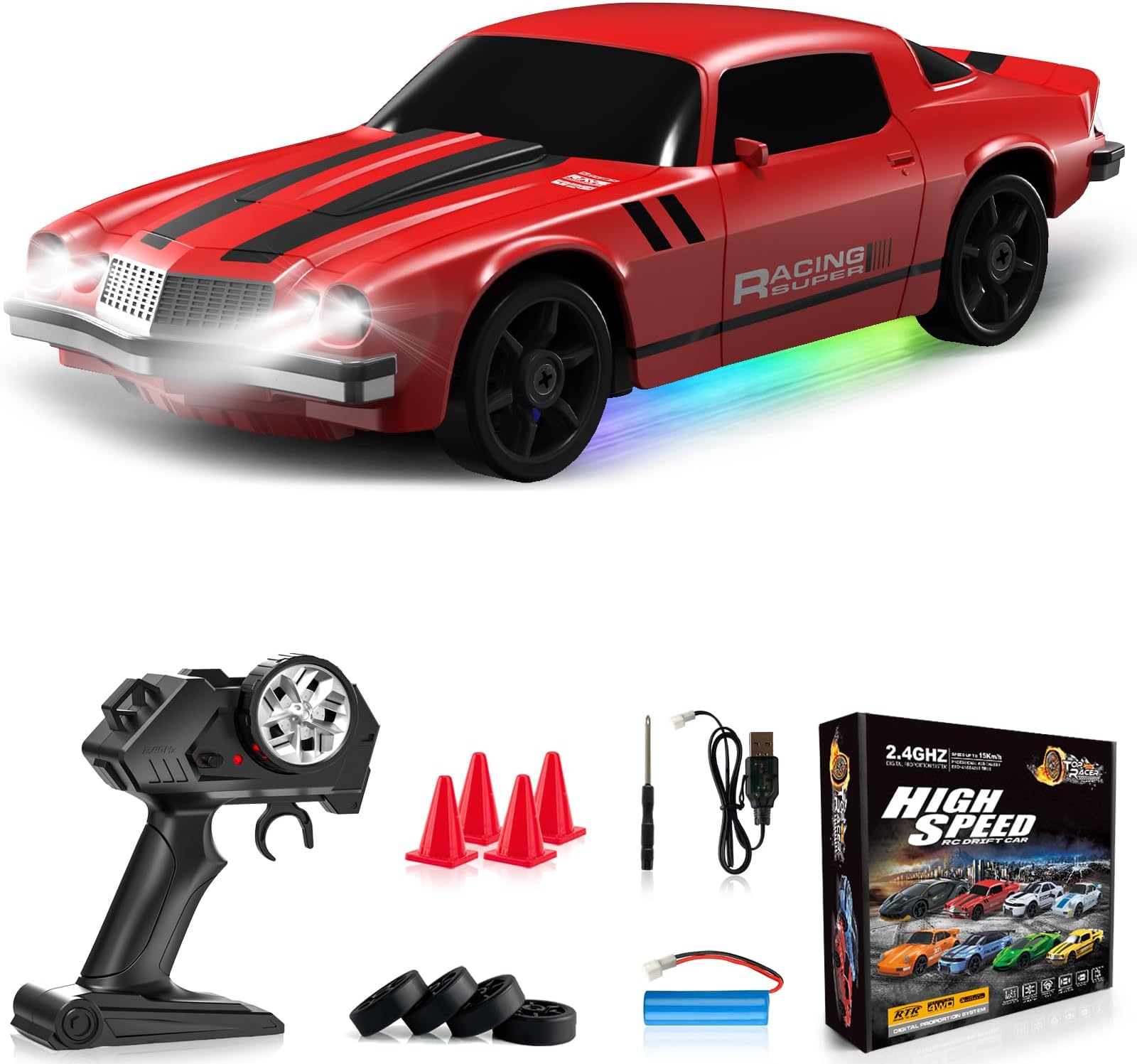 - RC Drift Car 1:24 Remote Control Car 4WD 15KM/H High Speed Racing Sport Car with LED Lights RC Cars Toy for Kids Boys Girls Adults Gifts Birthday Christmas Rechargeable Batteries