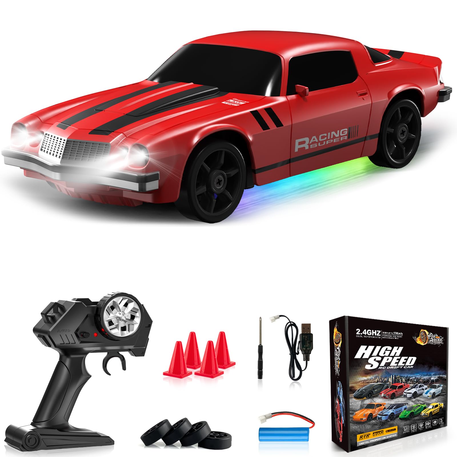 RC Drift Car 1:24 Remote Control Car 4WD 15KM/H High Speed Racing Sport Car with LED Lights RC Cars Toy for Kids Boys Girls Adults Gifts Birthday Christmas Rechargeable Batteries