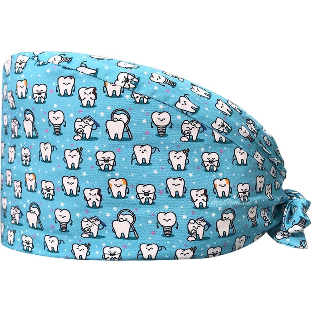 Baokuan Dentist Surgical Cap - Cute Teeth Print Scrub Hat, Unisex Doctor Nurse Headwear, Elastic Reusable Dental Operating Cap