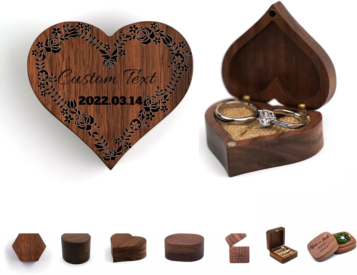 Custom Wooden Ring Box for Wedding Ceremony with Text and Pattern Personalised Proposal/Engagement Ring Boxes (Heart)