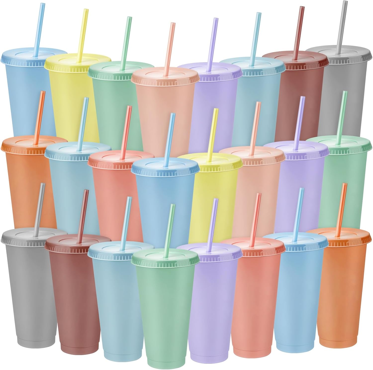Lallisa 24 Pack Tumbler with Straw and Lid Bulk Water Bottle Iced Coffee Travel Mug Cup Reusable Plastic Cups for Parties 24 oz (Matte Pastel Colored)