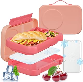 JXXM Bento Box for Kids,Kids Bento Lunch Box with Built-in Ice Pack for School,3 Compartments Leak Proof Lunch Container with Utensils for Girl Boy;BPA Free,Microwave & Dishwasher Safe, 44oz(Pink)