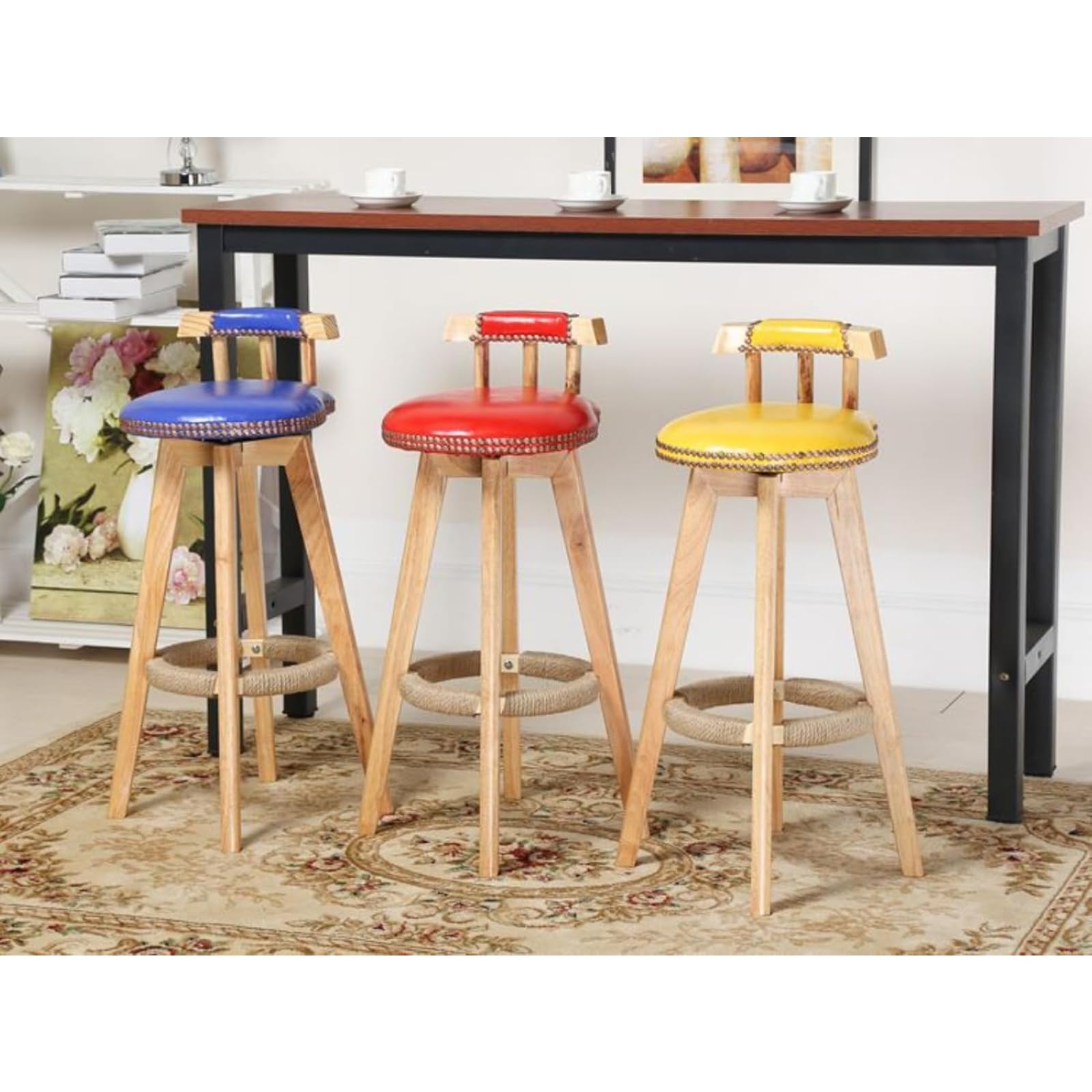 4脚 カウンターチェア スツール木製 360度回転 足置き付き ハイチェア