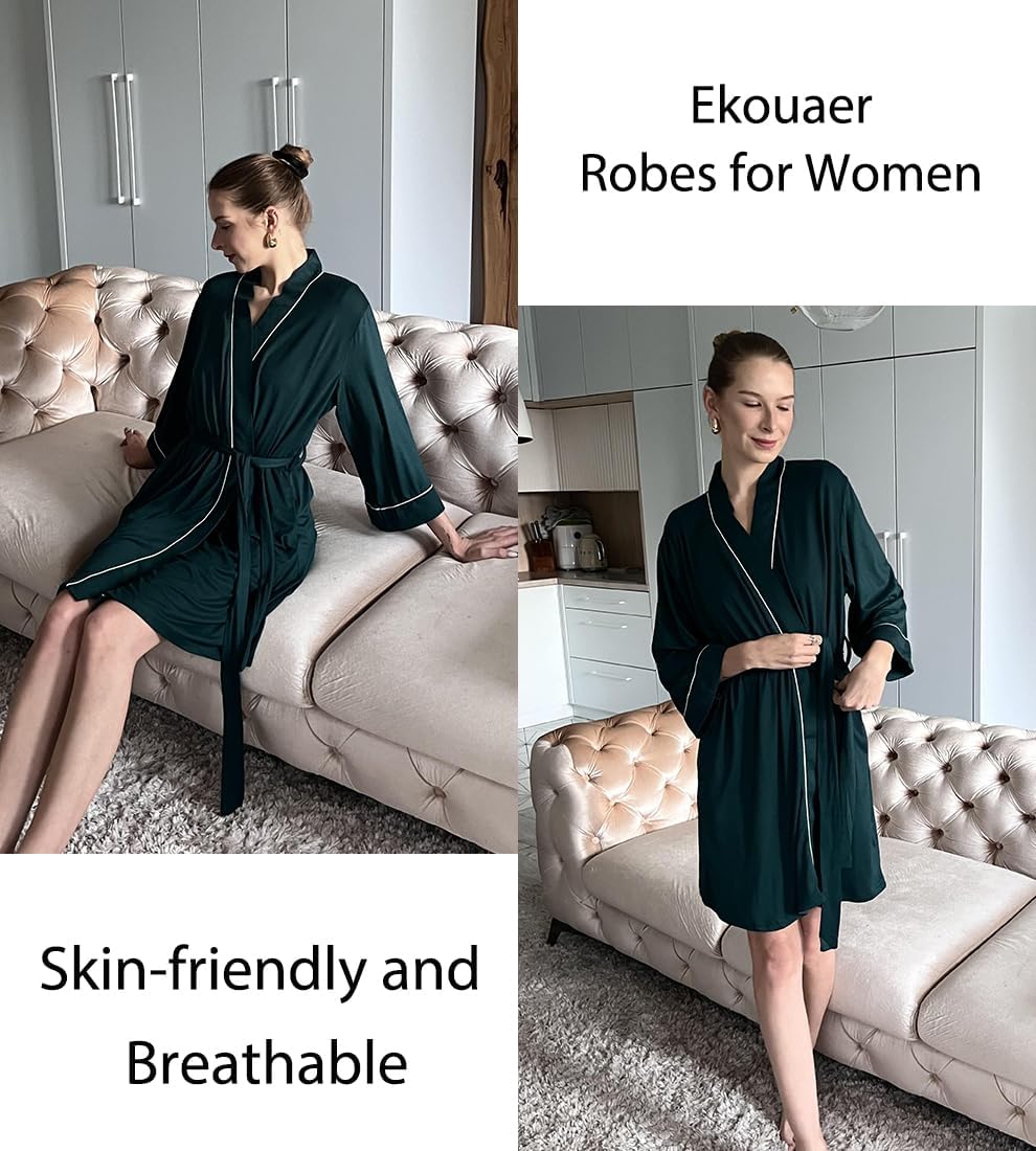Ekouaer Women Kimono Robes Knee Length Knit Bathrobe Lightweight Soft Sleepwear V-neck Casual Ladies Loungewear - Image 3