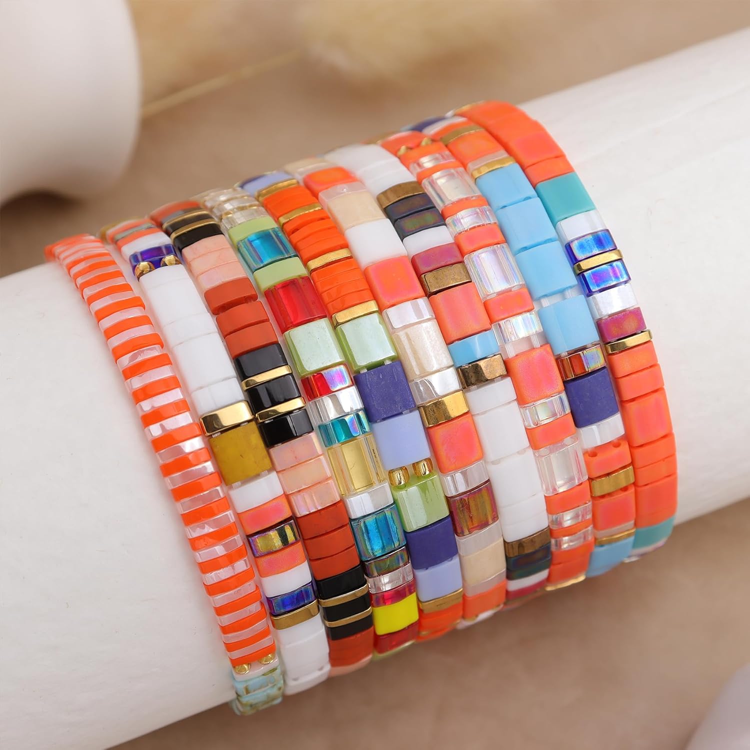 Sonateomber Tila Flat Beaded Stretch Bracelets for Women, Trendy Unique Handmade Stackable Orange Square Beads Miyuk Link Bracelet Summer Jewelry Gift - Image 3