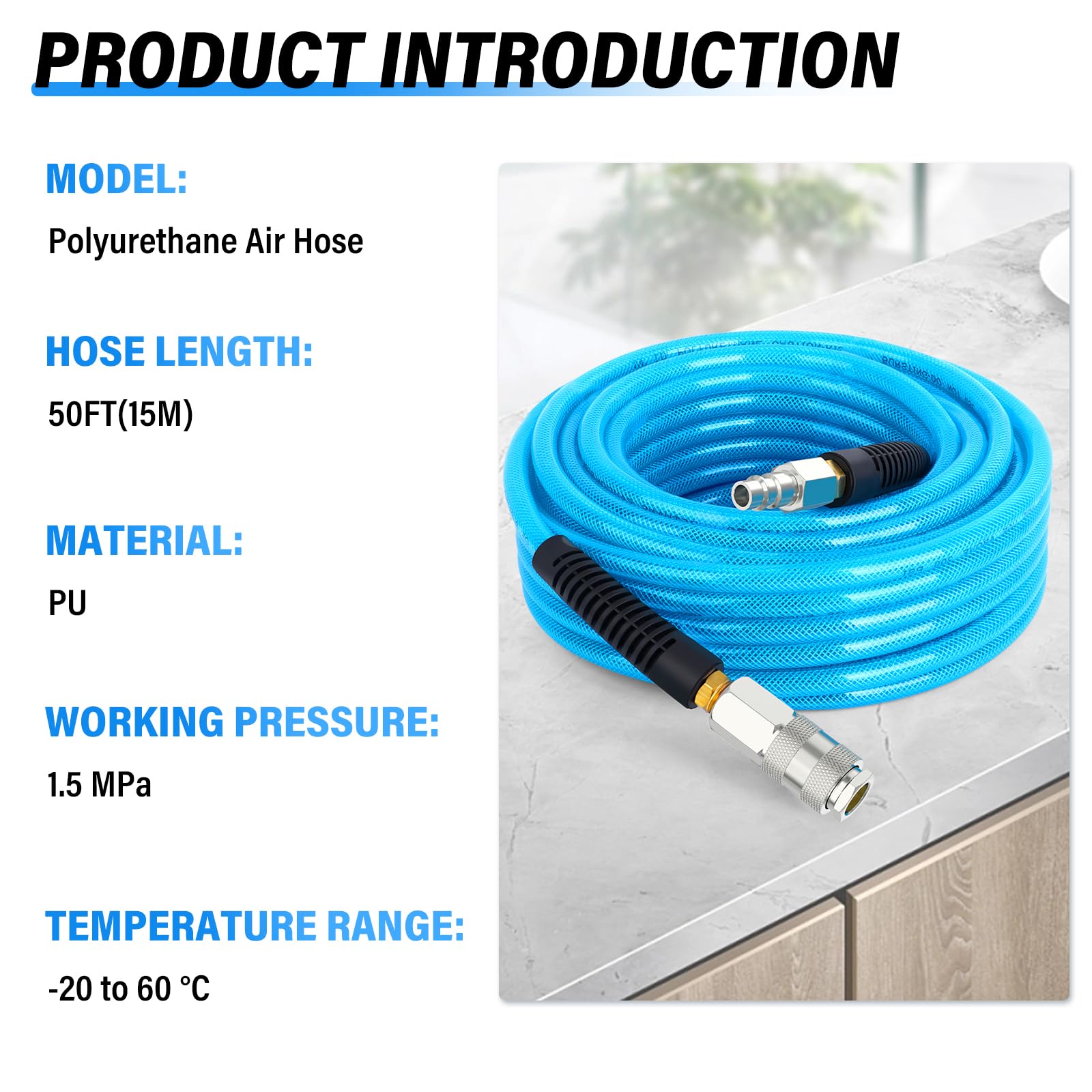 TAILONZ PNEUMATIC 1/4" x 15M Polyurethane Air Hose, Maximum Working Pressure 1.5 MPA,Composed of Brass and Blue PU Hose - Image 4