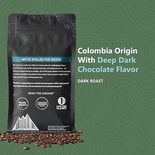 Miniatura 2 de Peak State Café de grano entero BRAIN SUSTAIN - Tueste oscuro - Café de seta Lion's Mane - Sin moho, sin micotoxinas, orgánico, sin OMG, bajo en