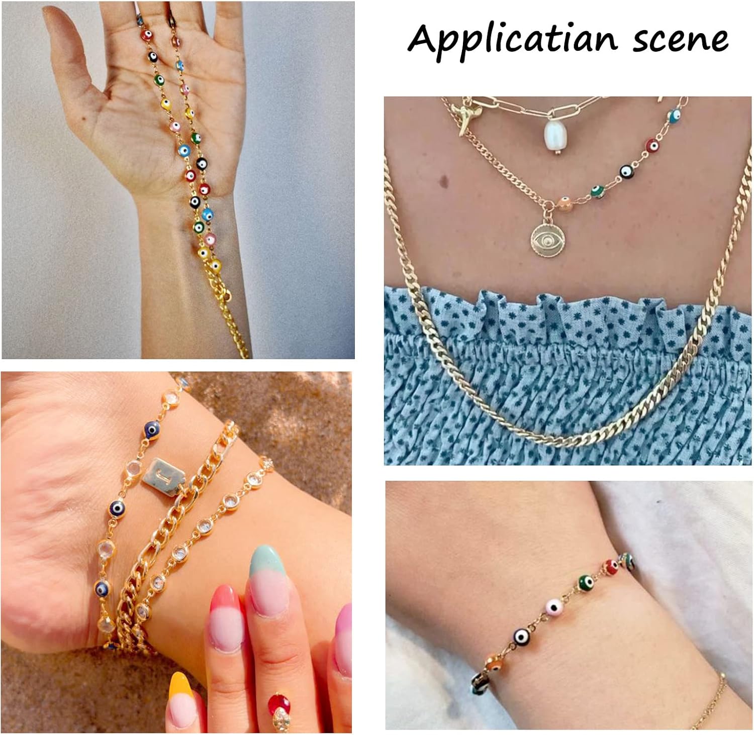 FASHEWELRY Evil Eye Beaded Chain with Cubic Zirconia, 32.8 Feet/10m, Blue, Modern Unisex Adult Jewelry Making Kit