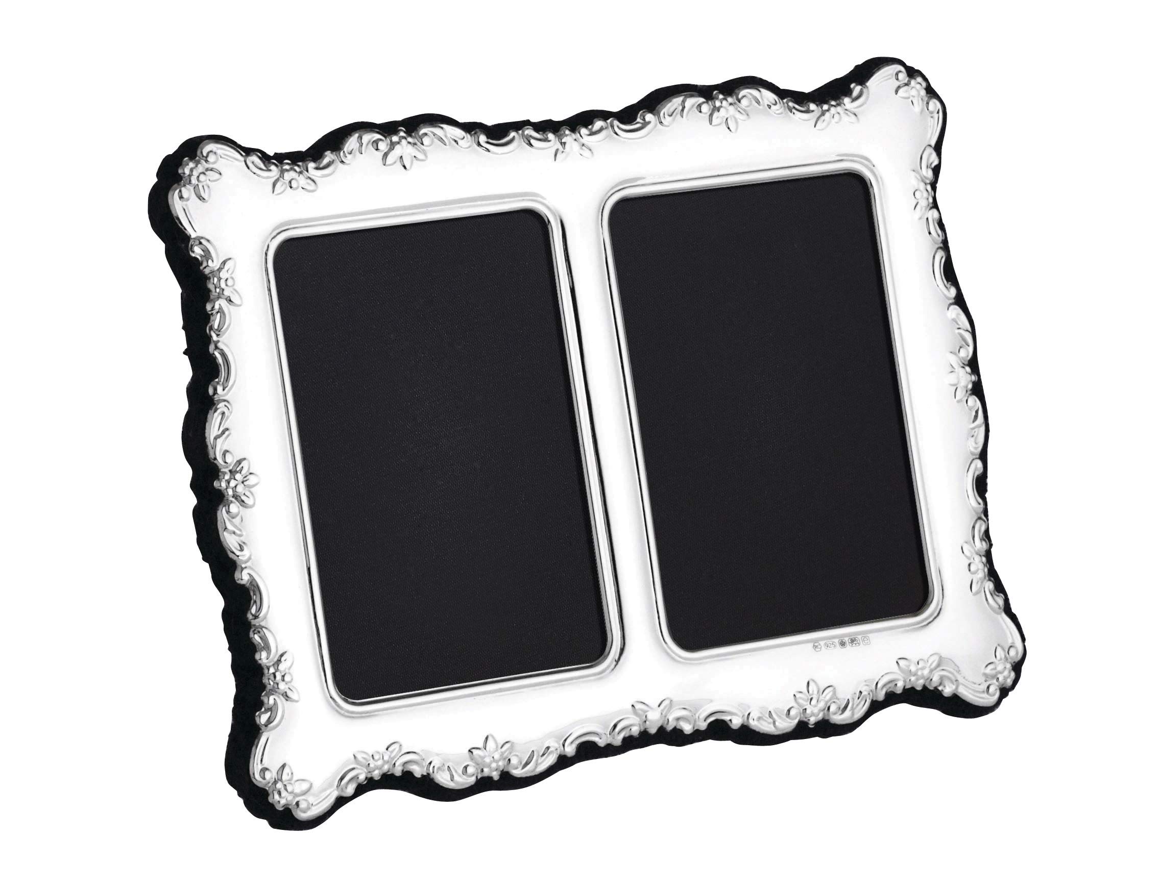 Carrs Antique Flower Border Sterling Silver Double Photo Frame with Velvet Back 3 1/2" X 2 1/2"