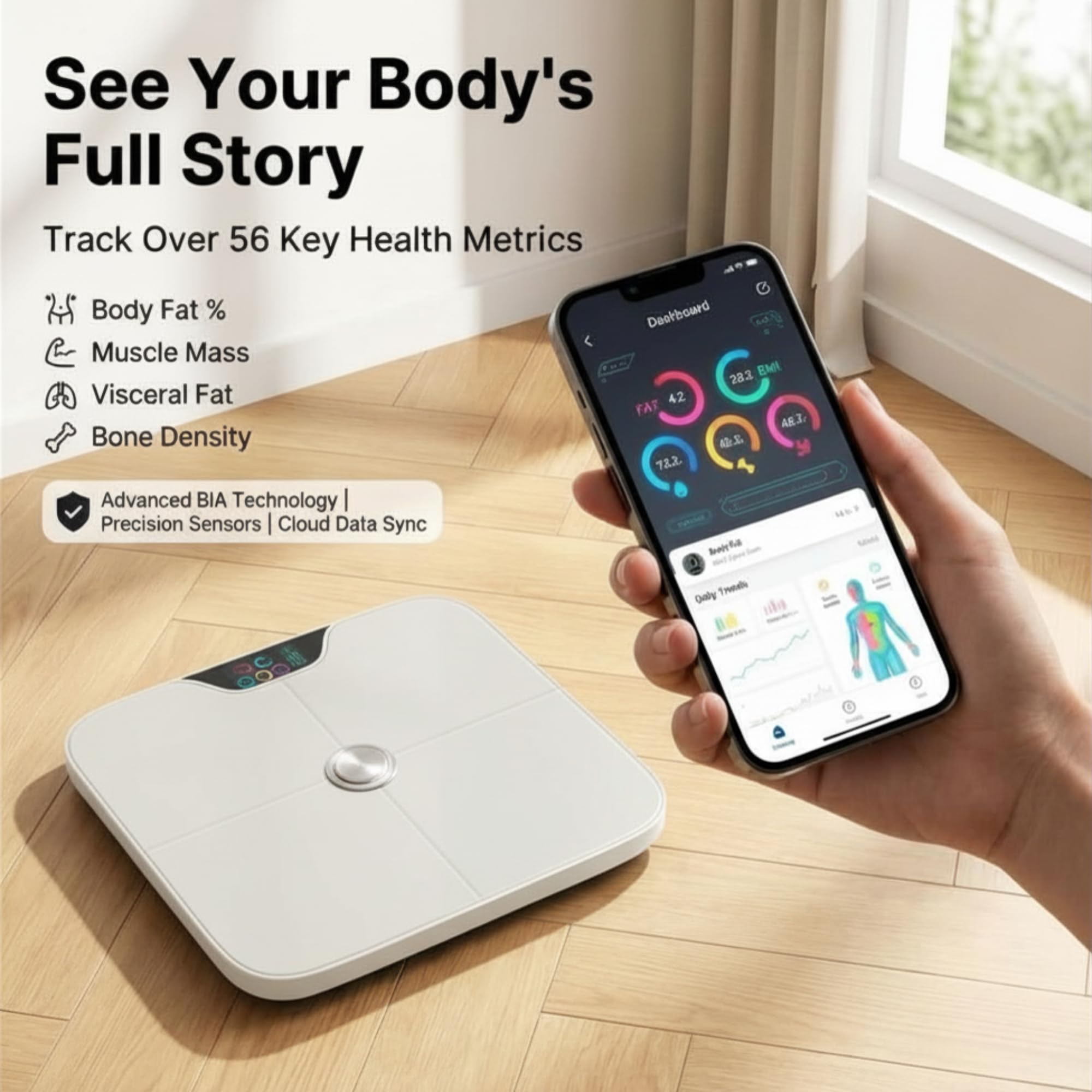 Báscula digital de peso corporal inteligente de alta calidad, 8 electrodos, más de 56 métricas, recargable, WiFi y Bluetooth, análisis de cuerpo completo, seguimiento de la grasa corporal, masa