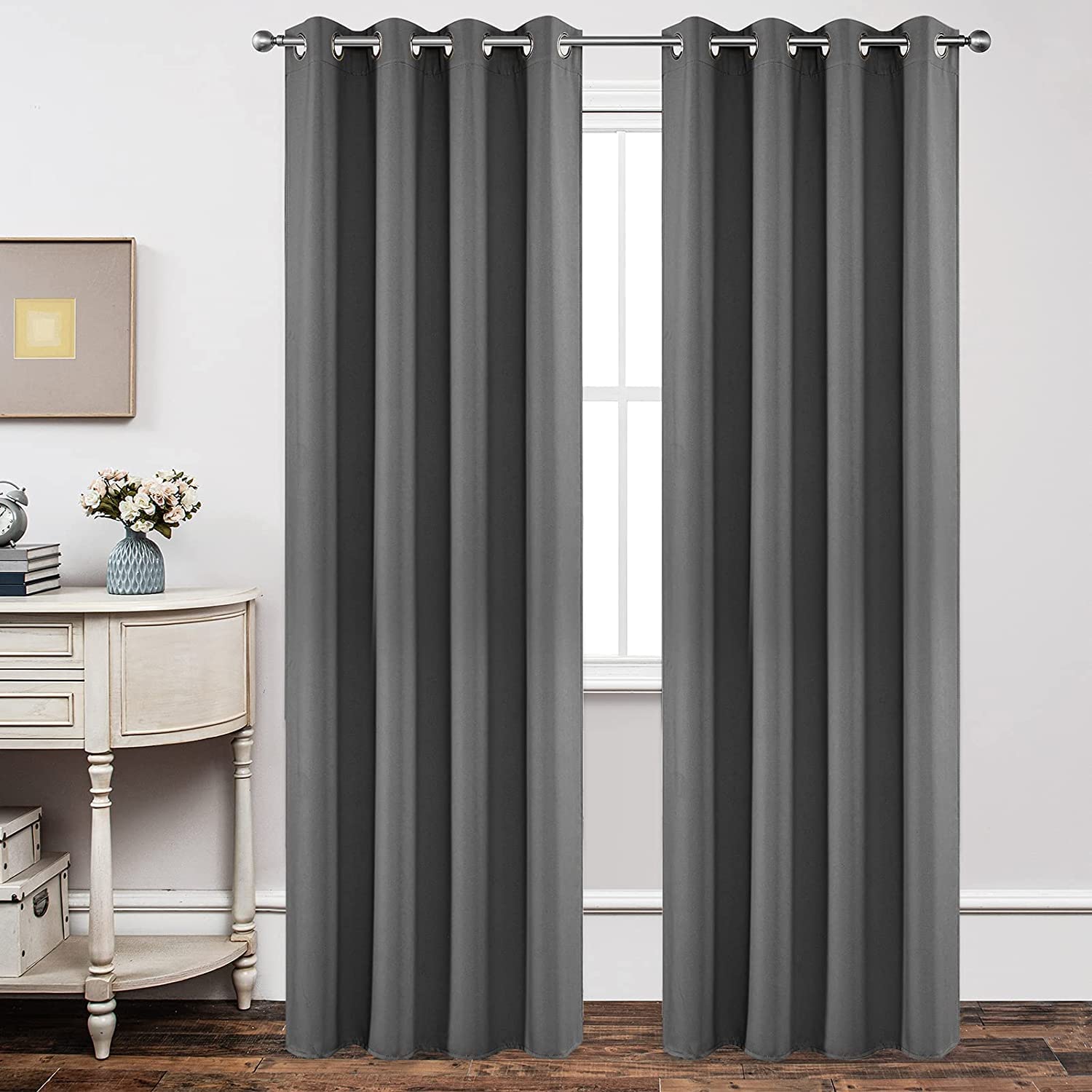 Joydeco Blackout Curtains 90 Inch Length 2 Panels Set, Thermal Insulated Long Curtains& Drapes 2 Burg, Room Darkening Grommet Curtains for Living Room Bedroom Window (W52 x L90 Inch, Light Grey)