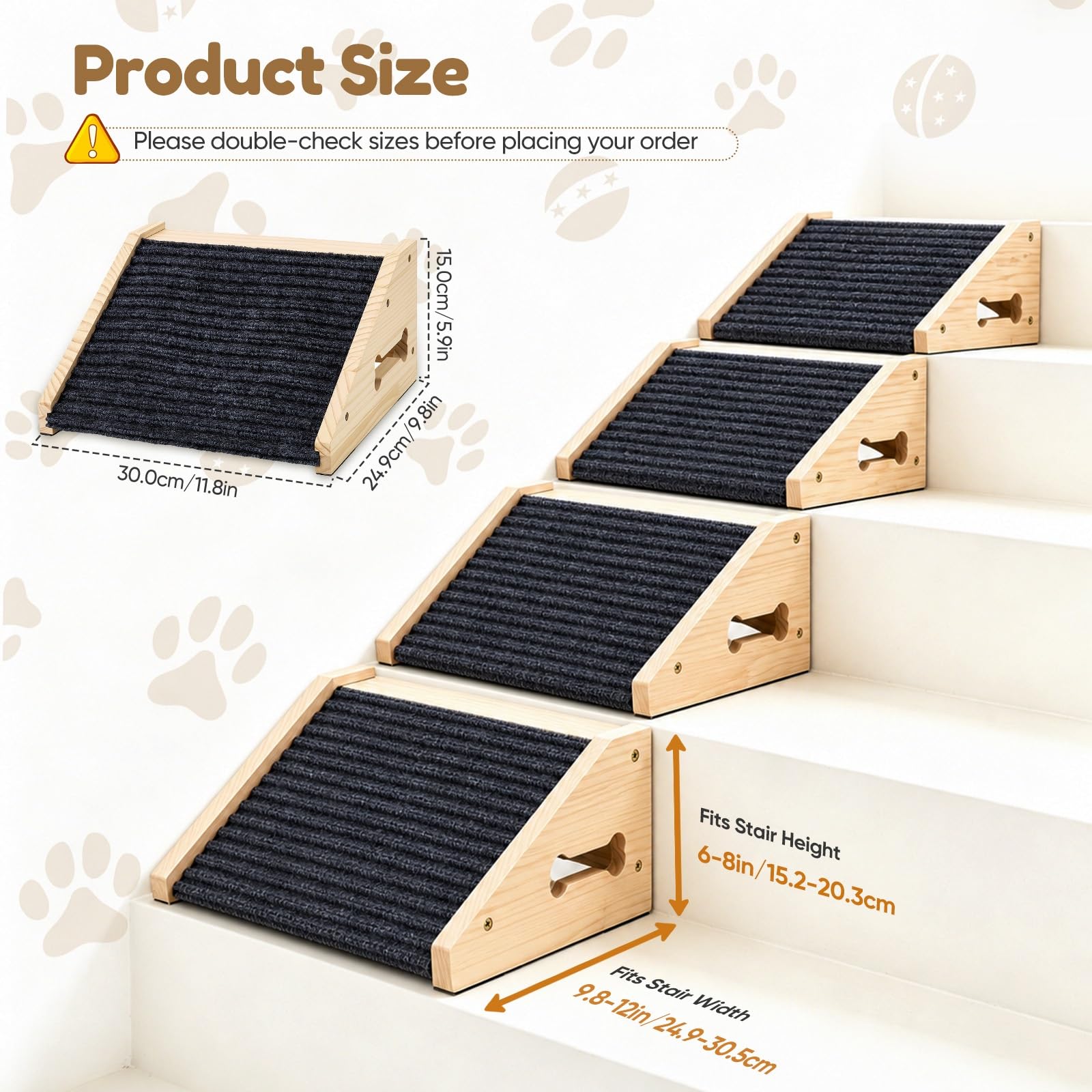 4 scale per cani di piccola taglia, in legno | Scaletta antiscivolo per cani con tappeto, rampa per cani di piccola taglia, angolo basso, per letto e divano